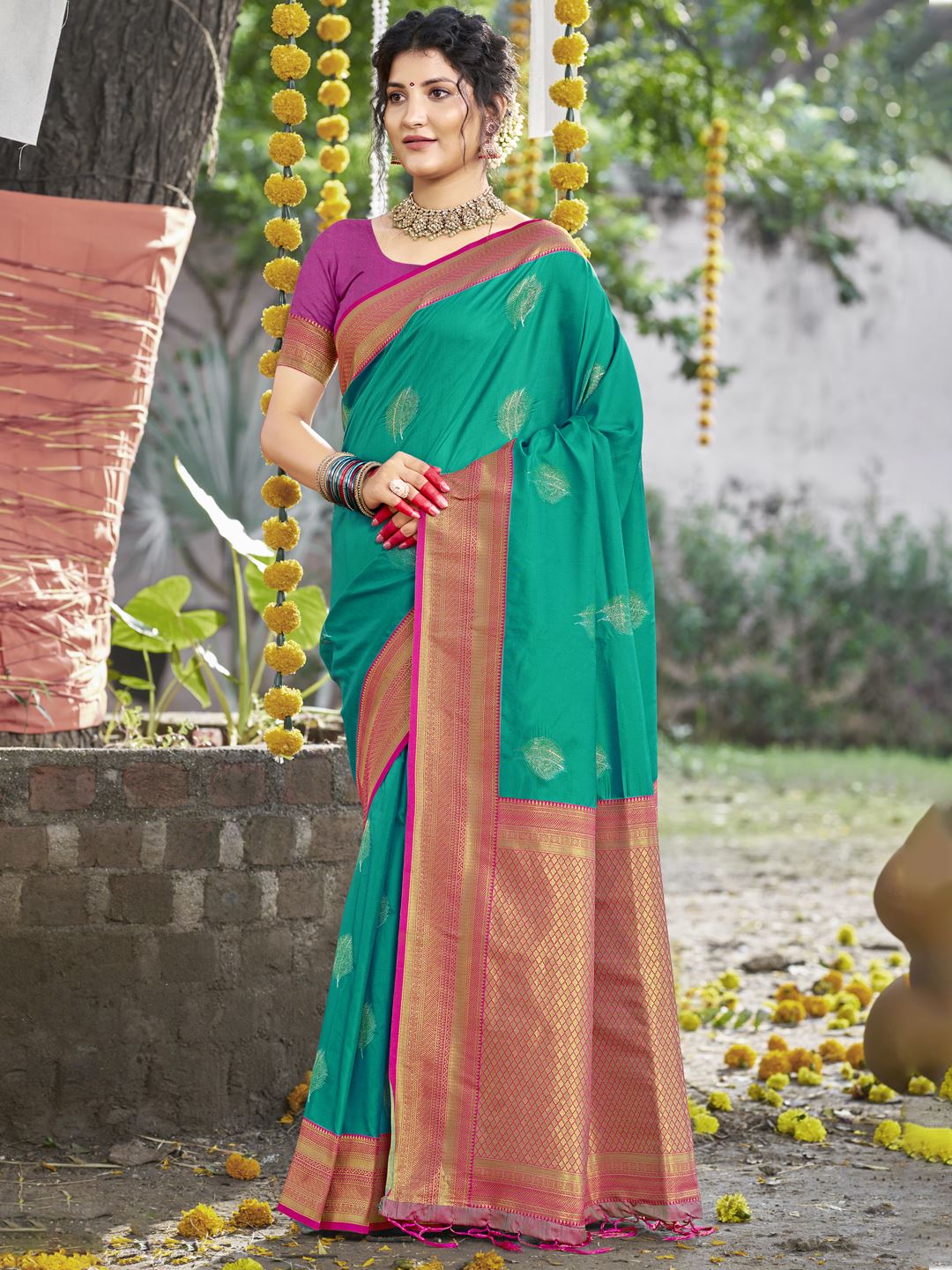 Sea Green Silk Saree With Woven Work