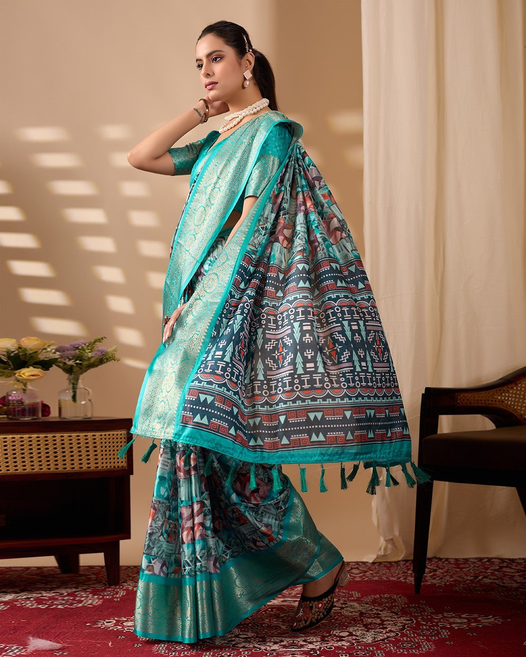 Sea Green Soft Lichi Silk Saree With Digital Printed Premium Festive Saree