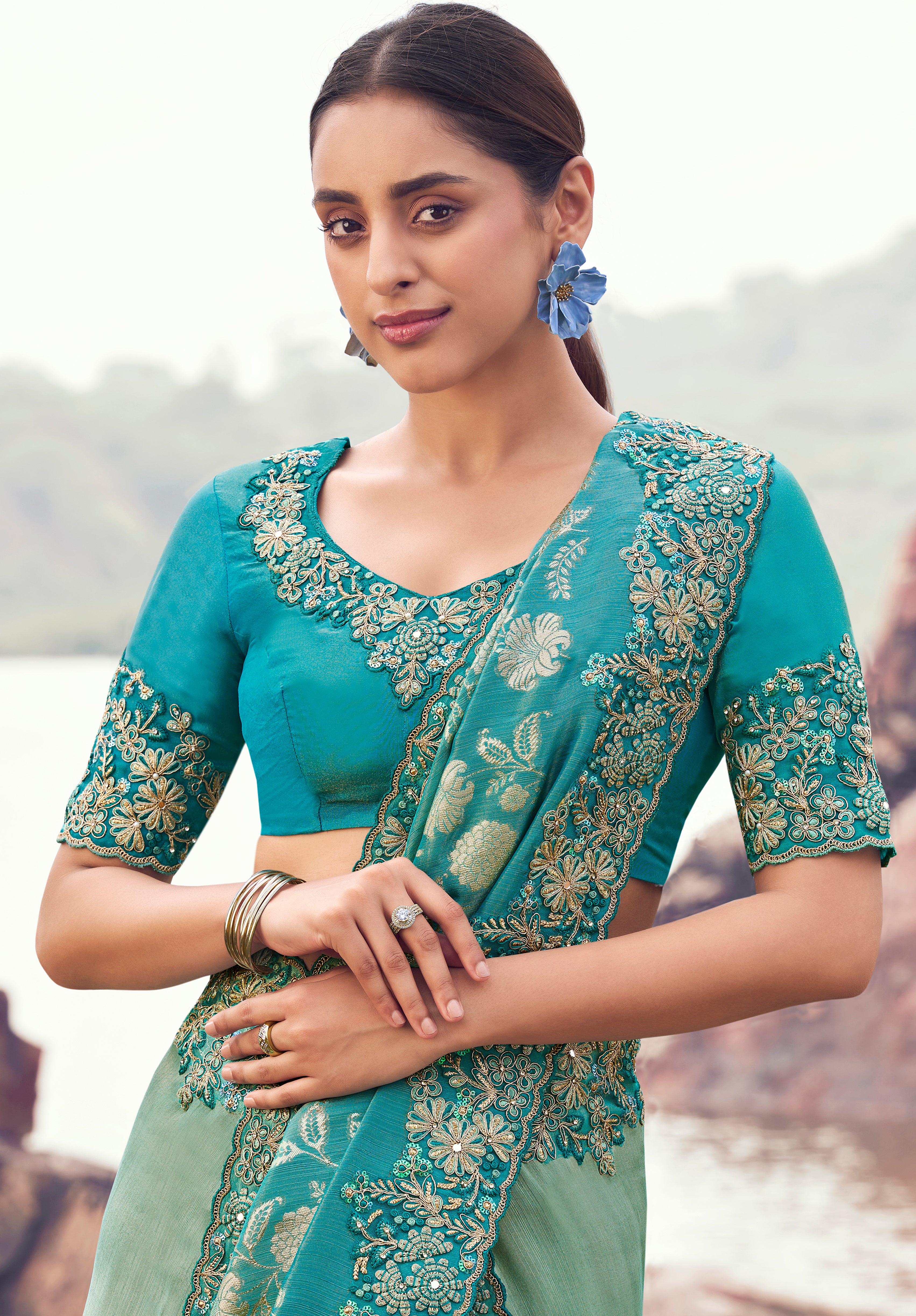 Sea Green & Sky Blue Saree With  Jacquard Woven With Embroidered Border & Blouse