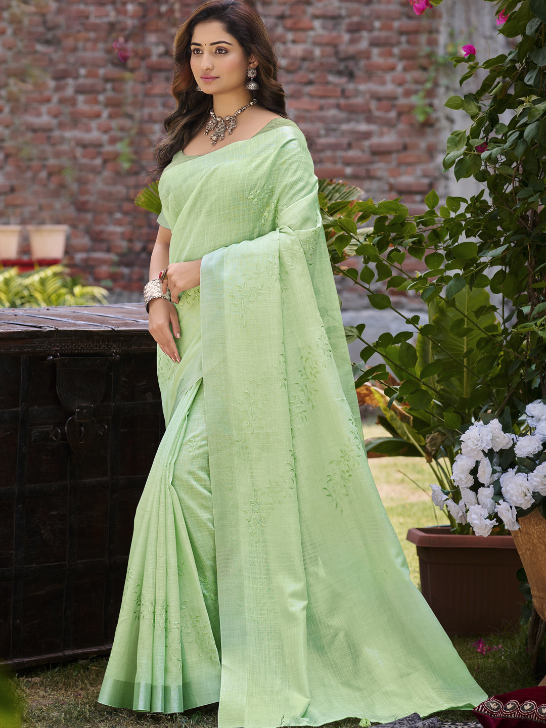 Shimmering Green Linen Festival Saree for Women
