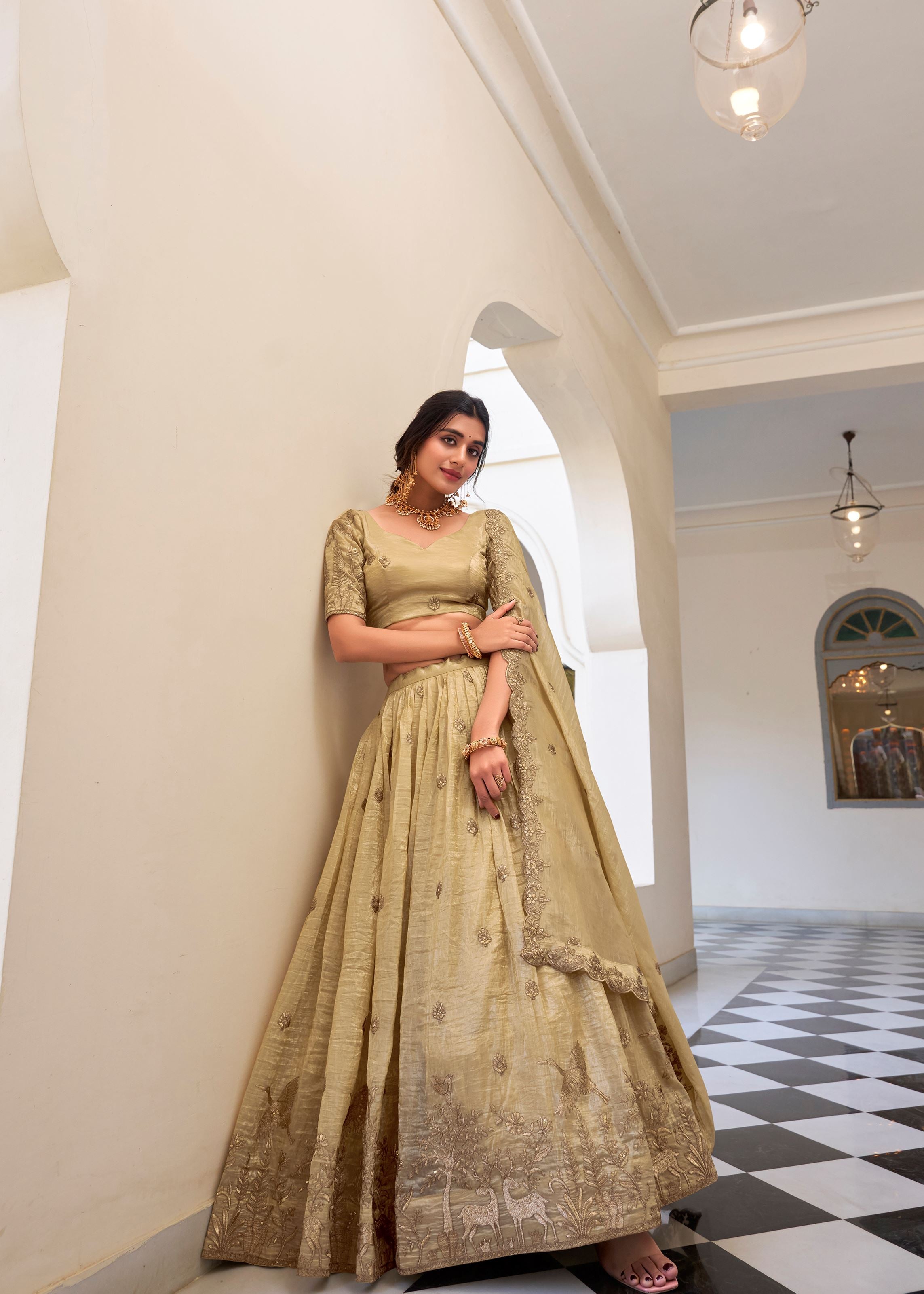 Shine Bold in Off White  Gold Crush Lehenga with Sequin & Thread Detailing