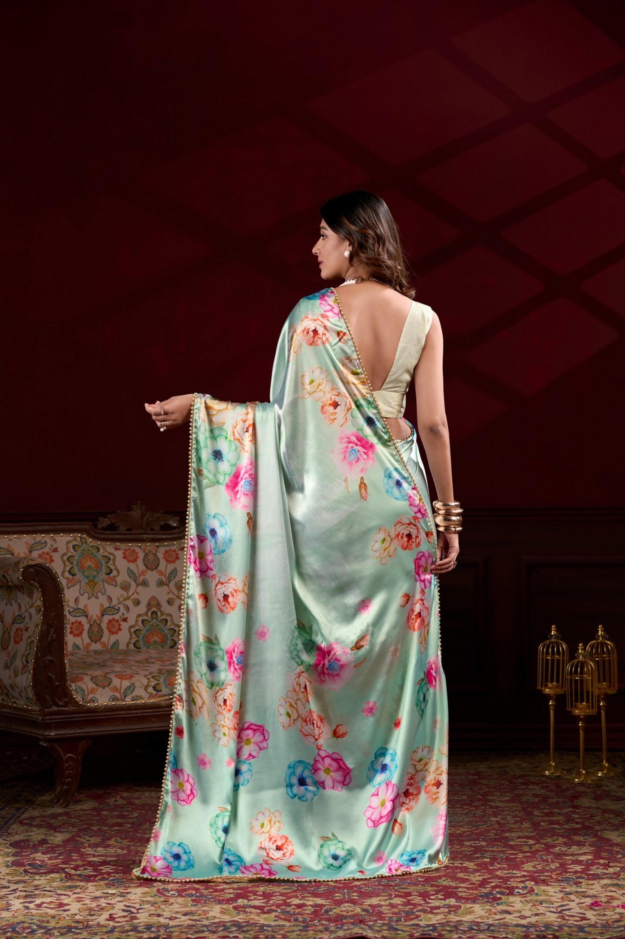 Sky Blue Beautiful Floral Printed Japan Satin Silk Graceful Evening Party Saree