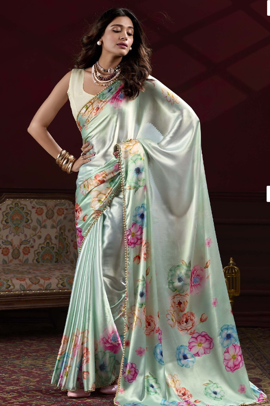 Sky Blue Beautiful Floral Printed Japan Satin Silk Graceful Evening Party Saree