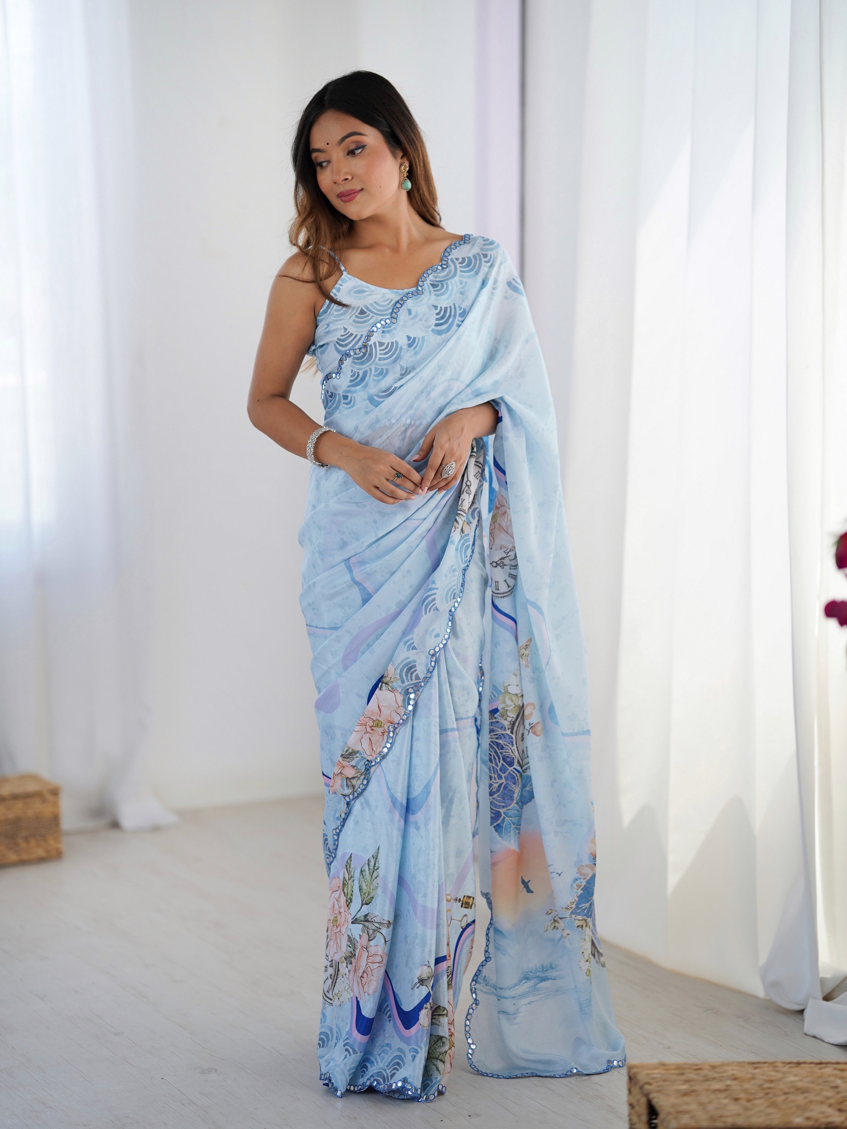 Sky Blue Beautiful Printed Chinon Saree With Stylish Border For Girlie Looks