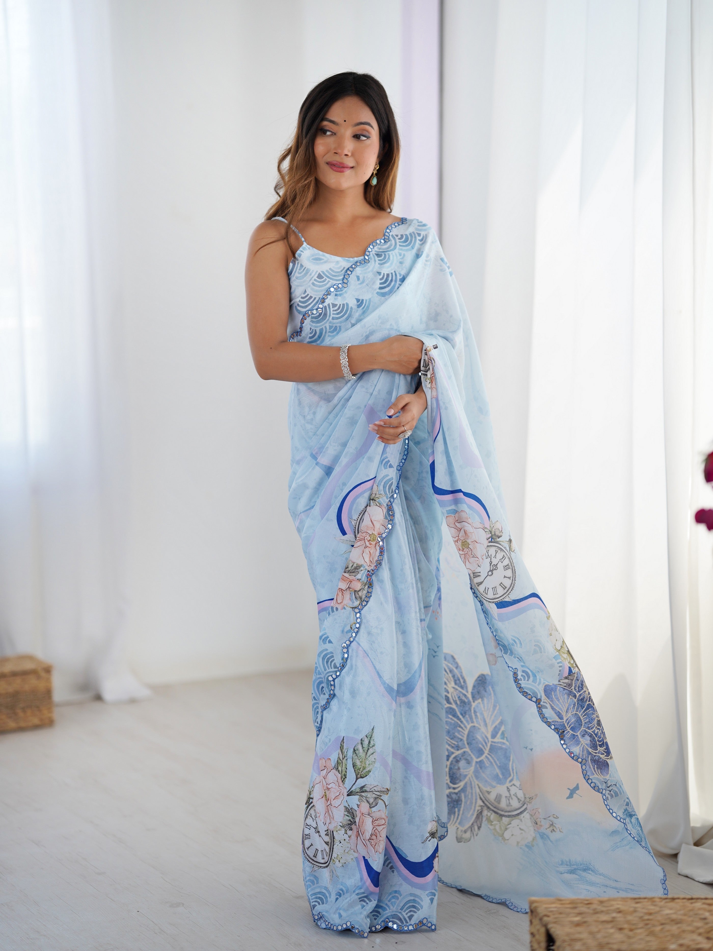 Sky Blue Beautiful Printed Chinon Saree With Stylish Border For Girlie Looks