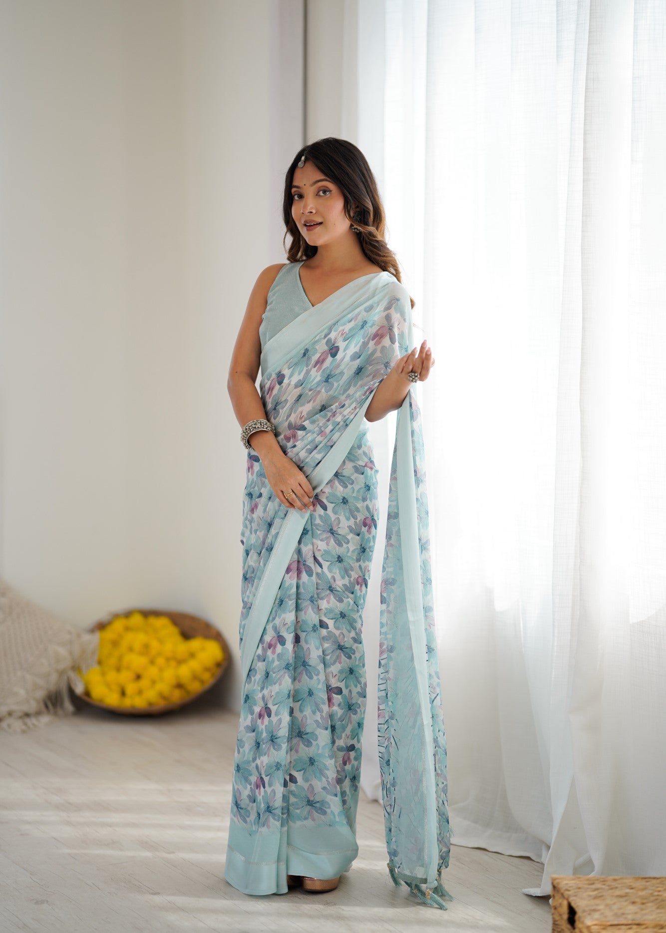 Sky Blue Bright Moss Satin Patta Saree With Printed Design