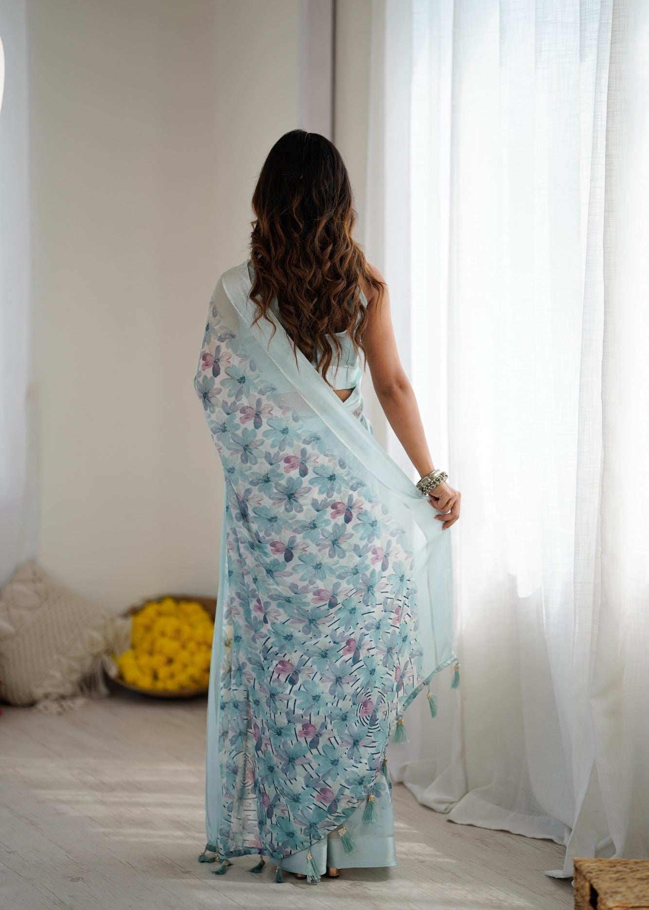 Sky Blue Bright Moss Satin Patta Saree With Printed Design