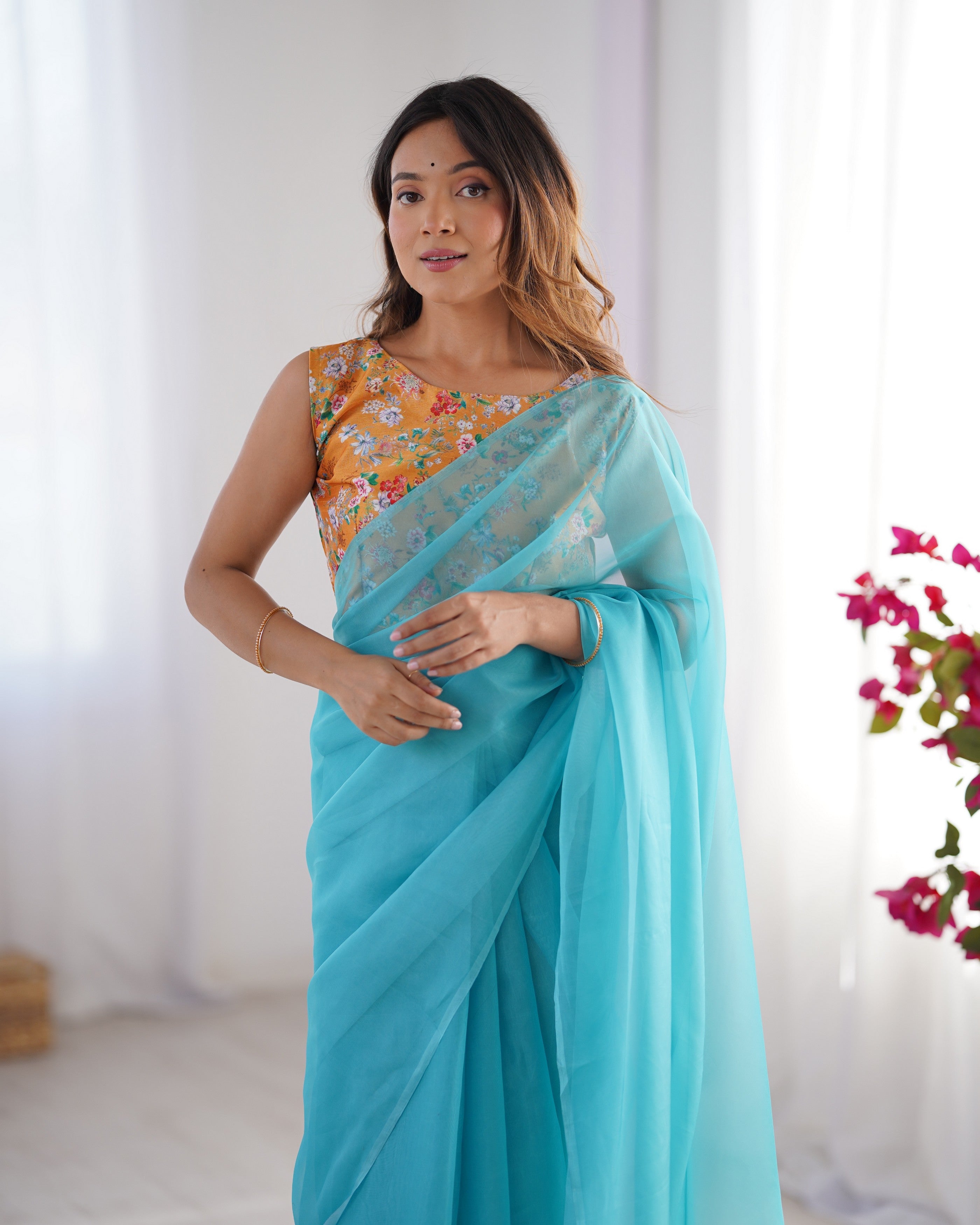 Sky Blue Burberry Designer Printed Blouse Partywear Saree