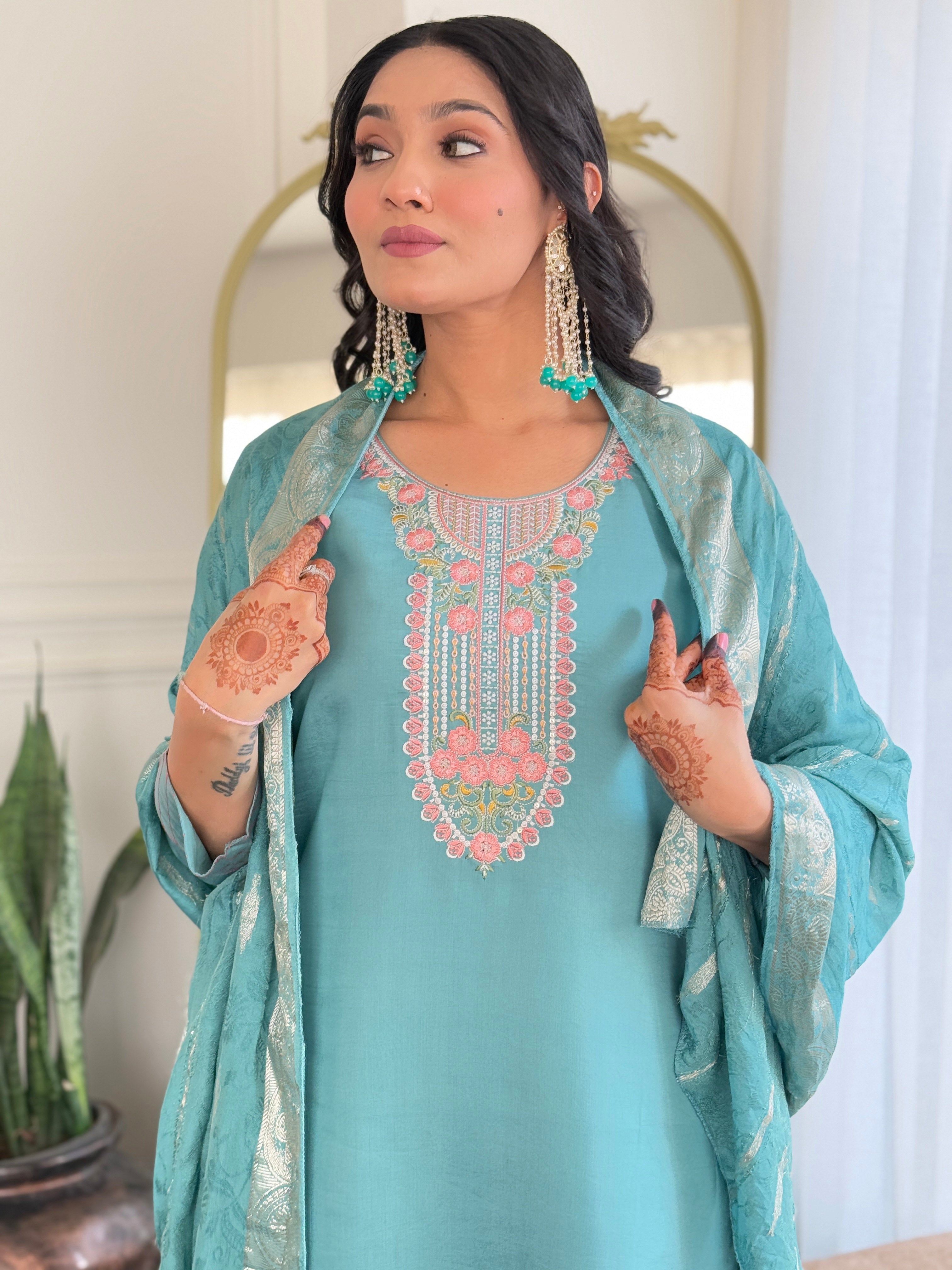 Sky Blue Chanderi Elegant Kurta Pant Set With Thread Work