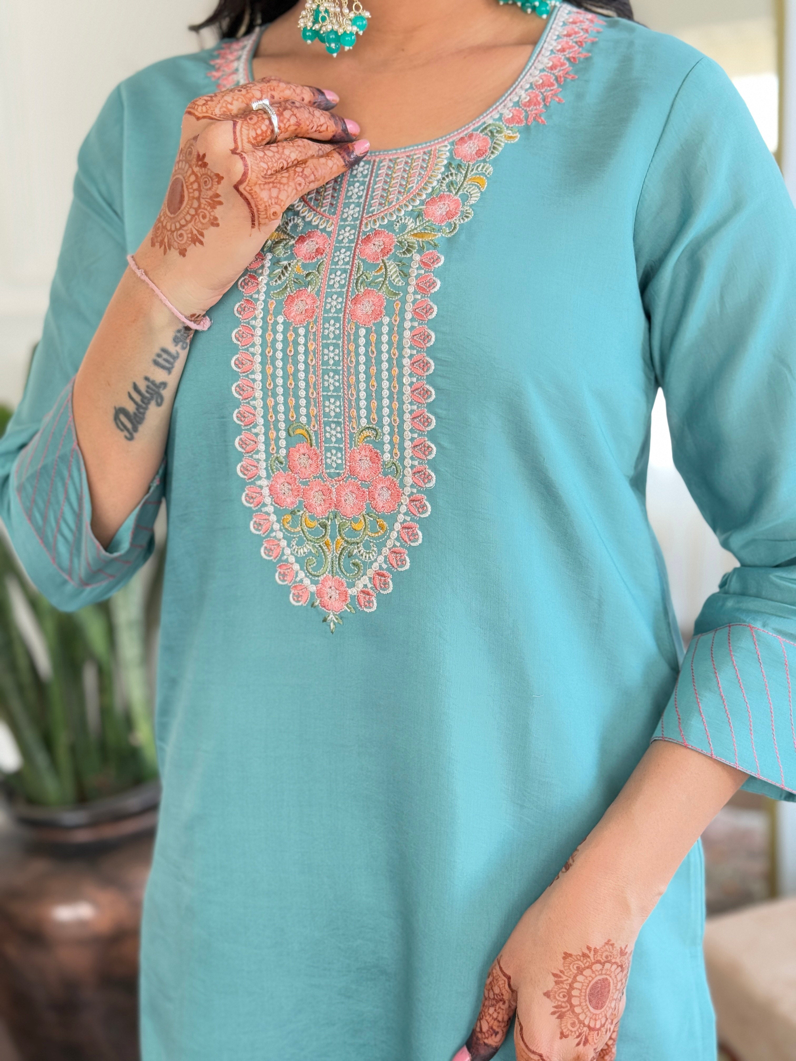 Sky Blue Chanderi Elegant Kurta Pant Set With Thread Work
