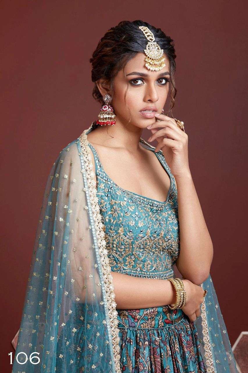 Sky Blue Chinnon Silk Lehenga Choli With Digital Print and Heavy Embroidery with Real mirror work
