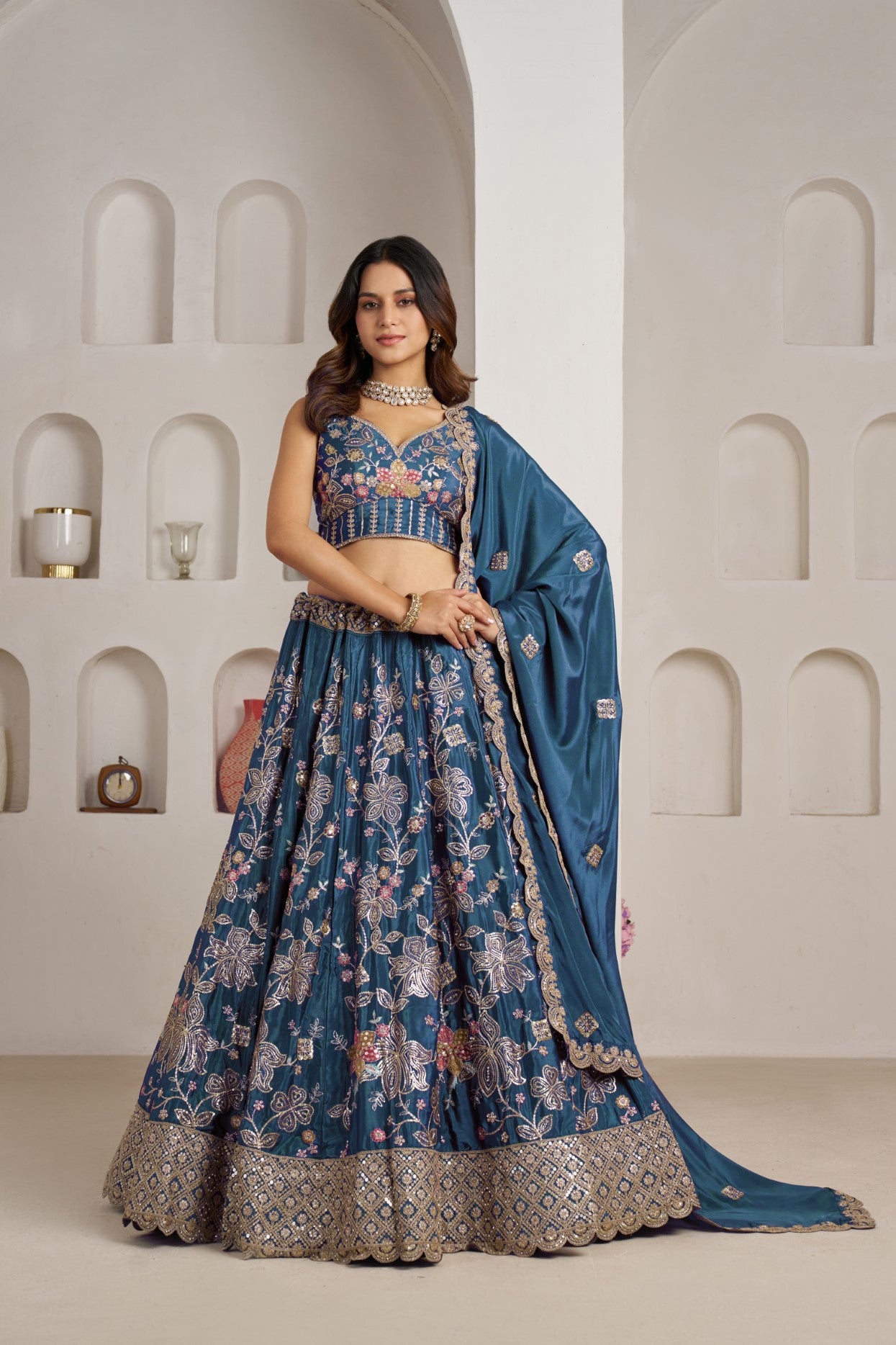 Sky Blue Crepe Silk Floral Embroidered Designer Lehenga Choli