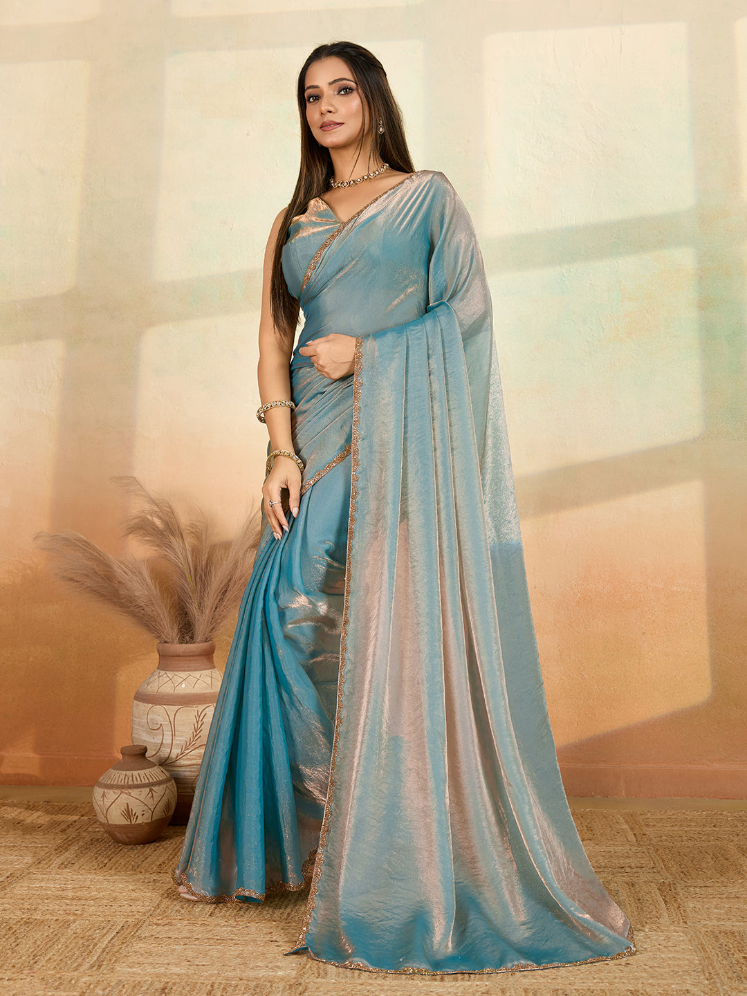 Sky Blue Designer Beads Embroidery Work Fendy Satin Bollywood Style Saree