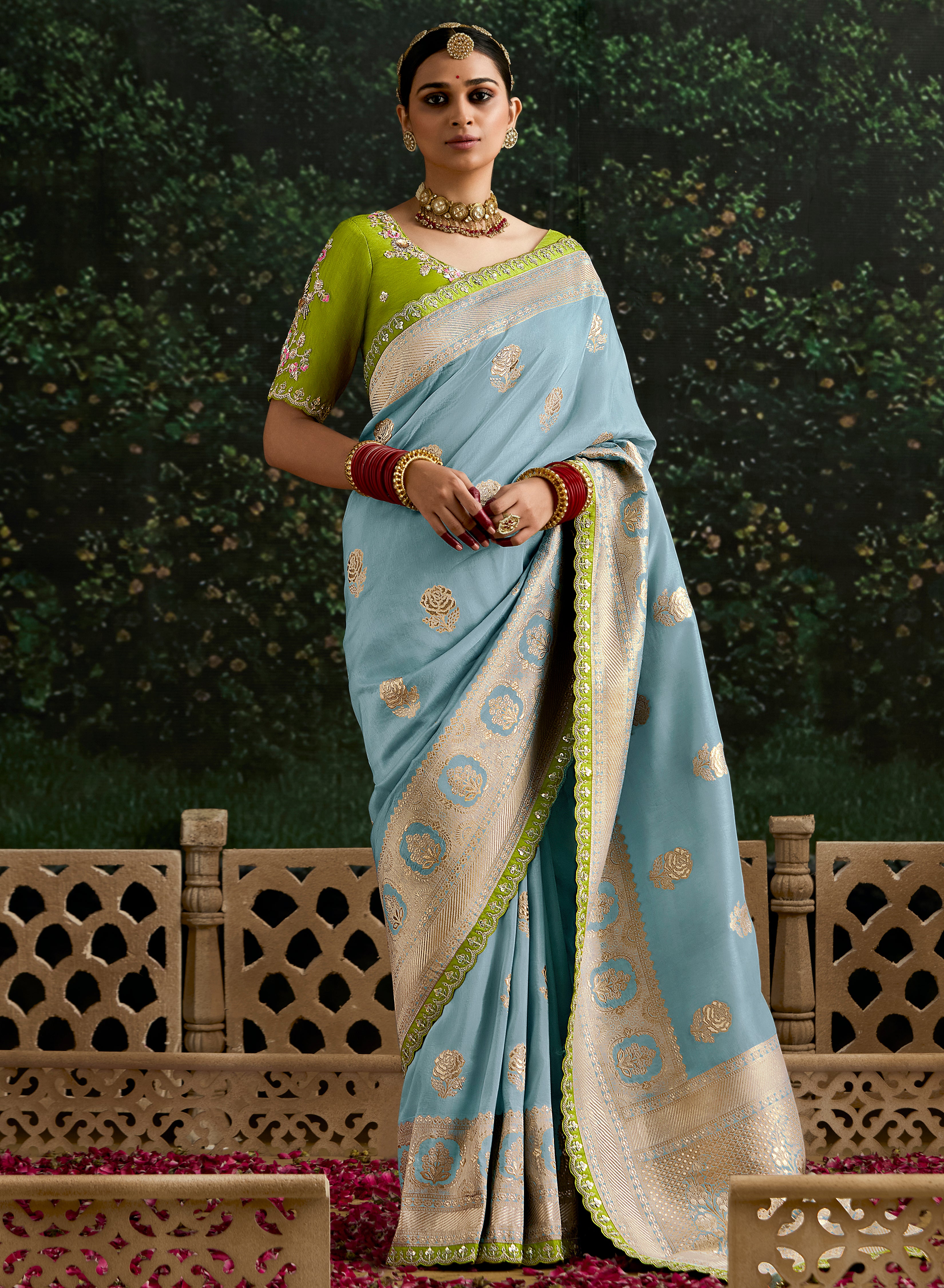 Sky Blue Dola Silk Saree With  Jacquard Woven with Embroidered Lace Border