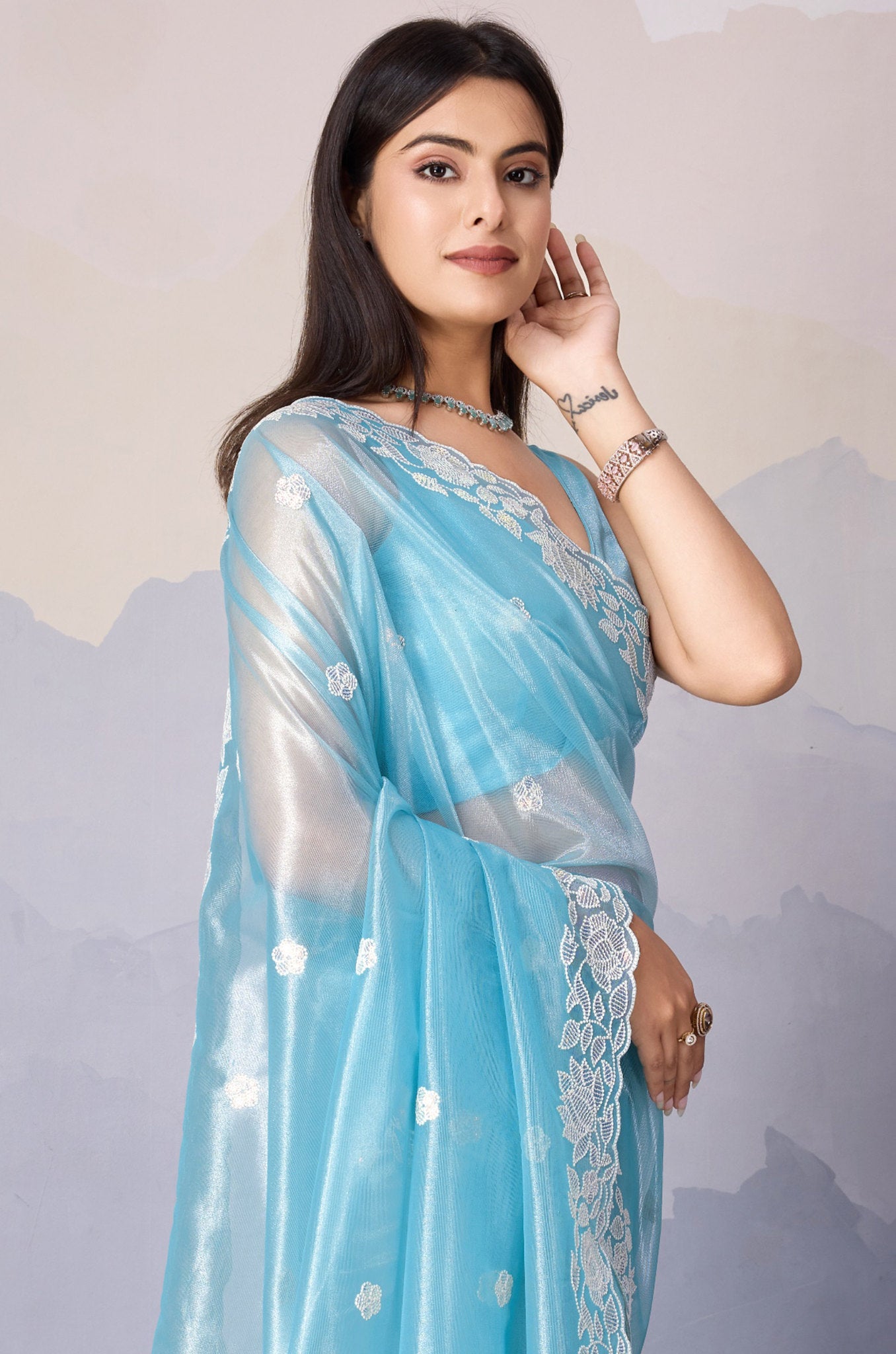 Sky Blue Fancy Saree with Heavy Embroidery & Sequins Detailing