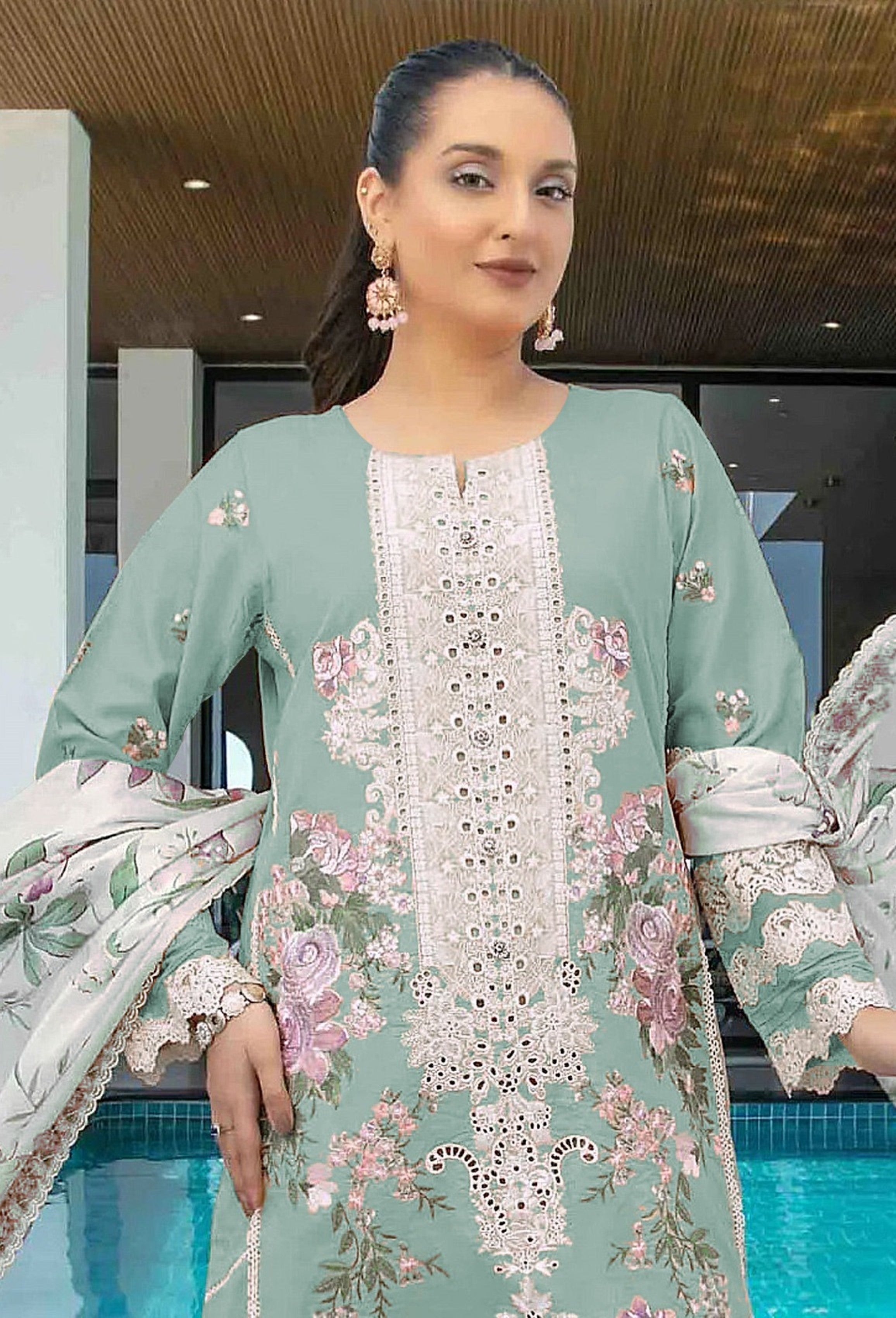 Sky Blue Heavy Designer Suit With Heavy Embroidery Work