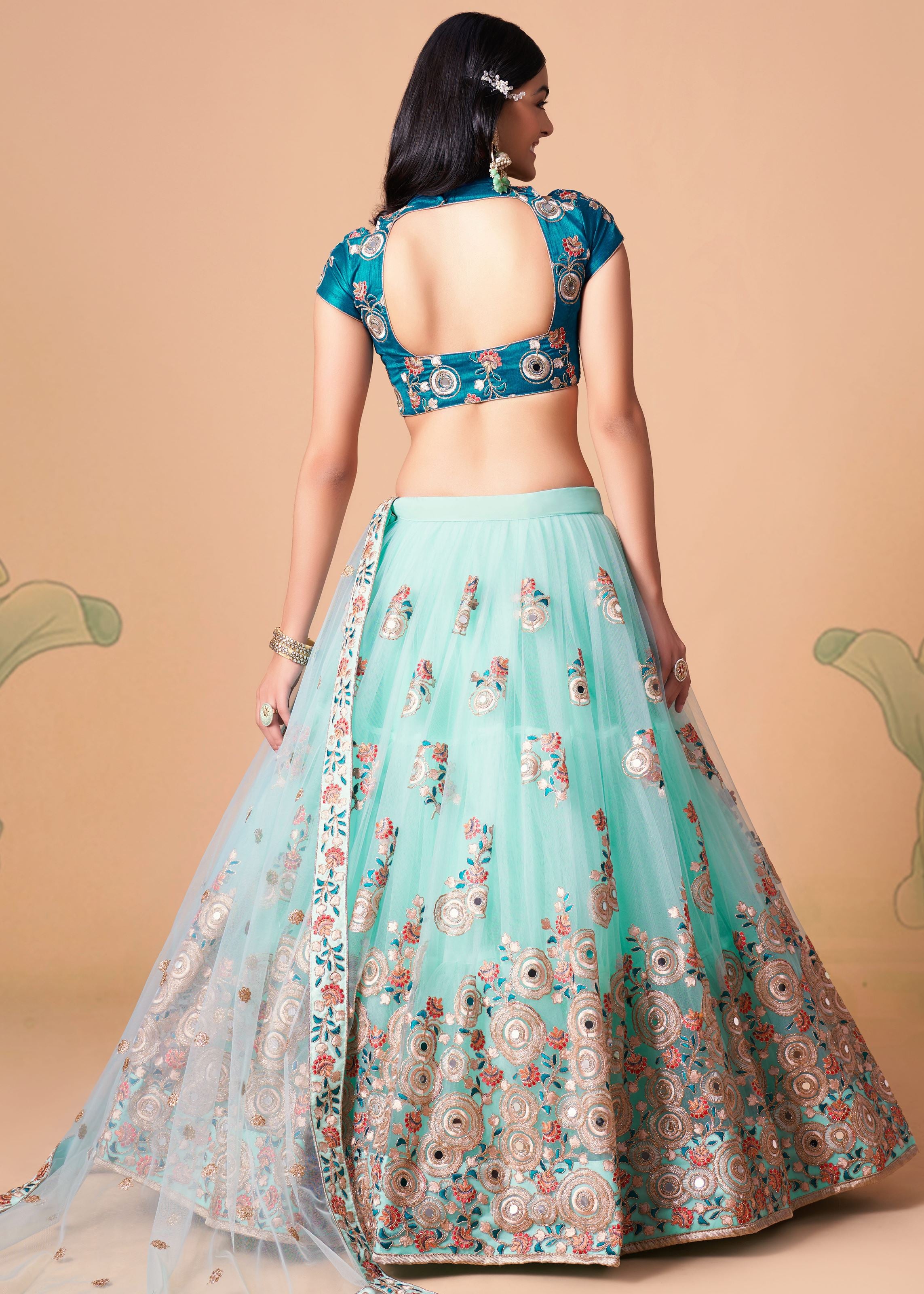 Sky Blue Lehenga Choli With   Thread, Zari, Dori And Sequins Embroidery With Mirror Work