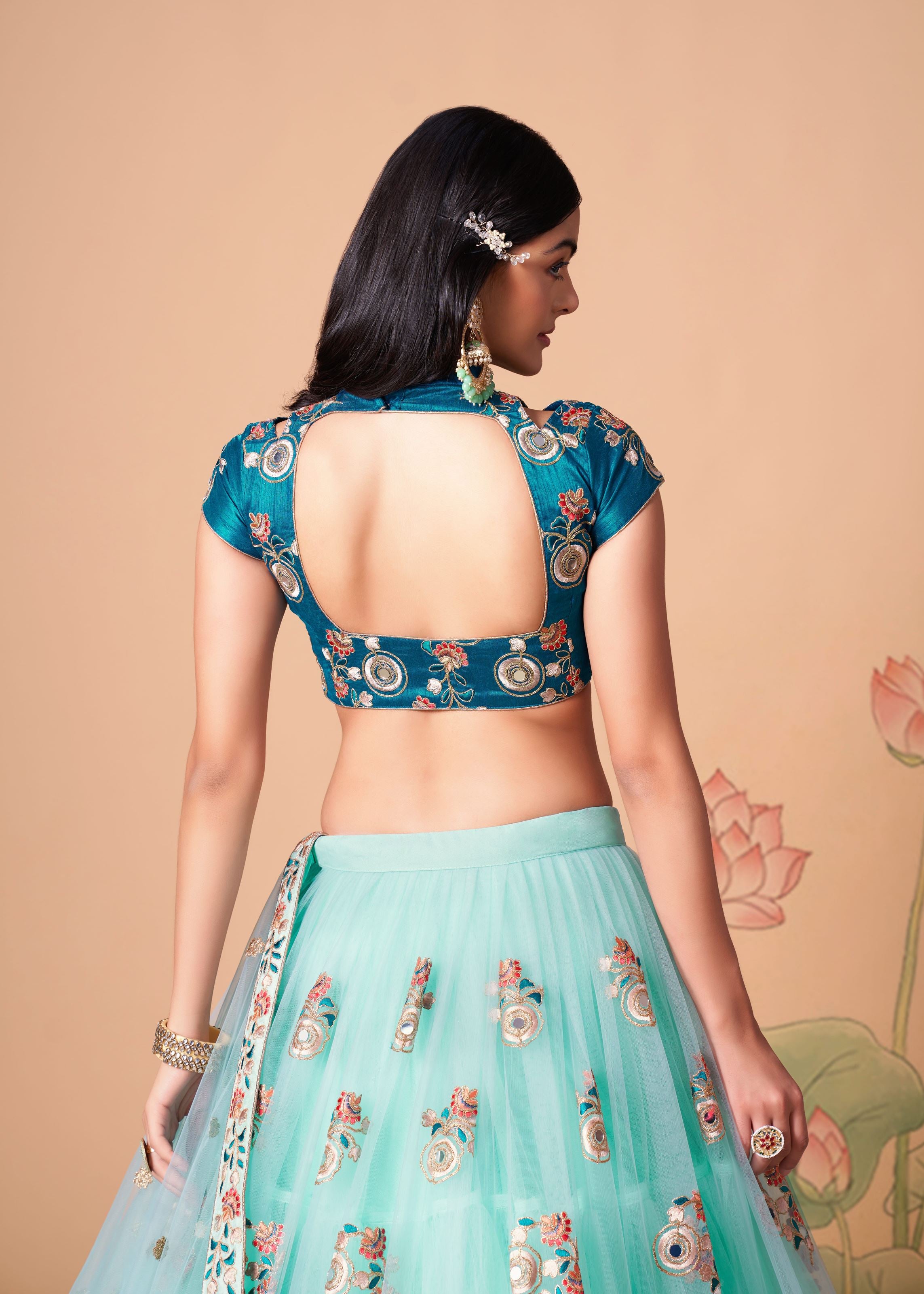 Sky Blue Lehenga Choli With   Thread, Zari, Dori And Sequins Embroidery With Mirror Work