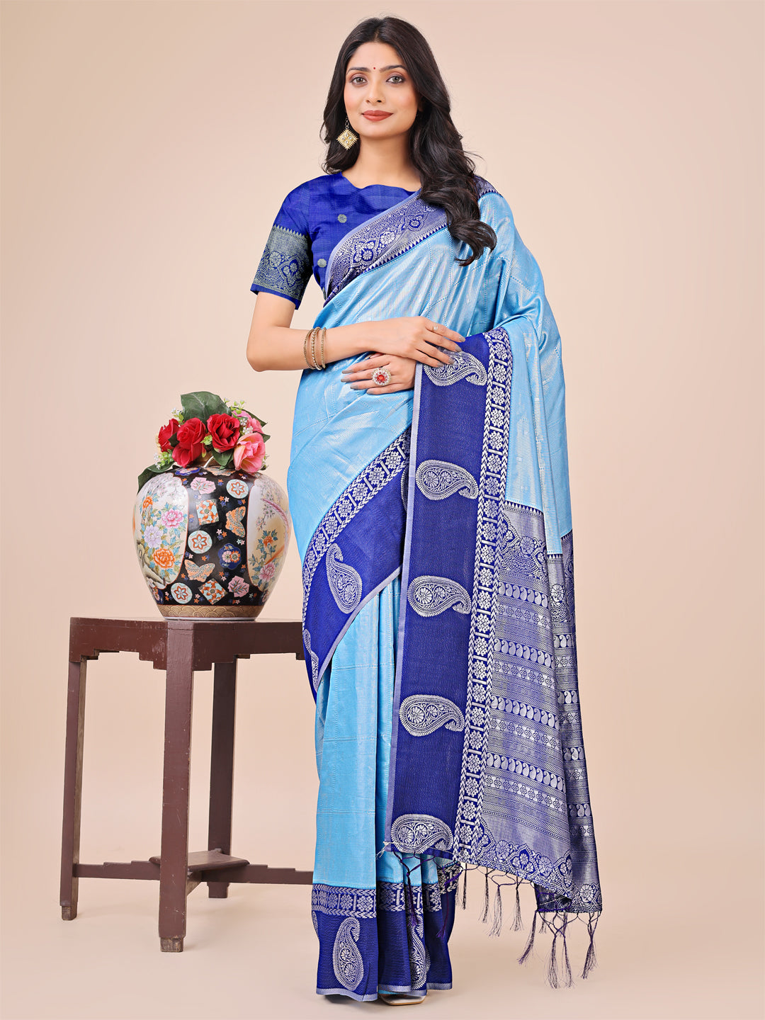Sky Blue Lichi Silk Woven Designer Festive Graceful Saree