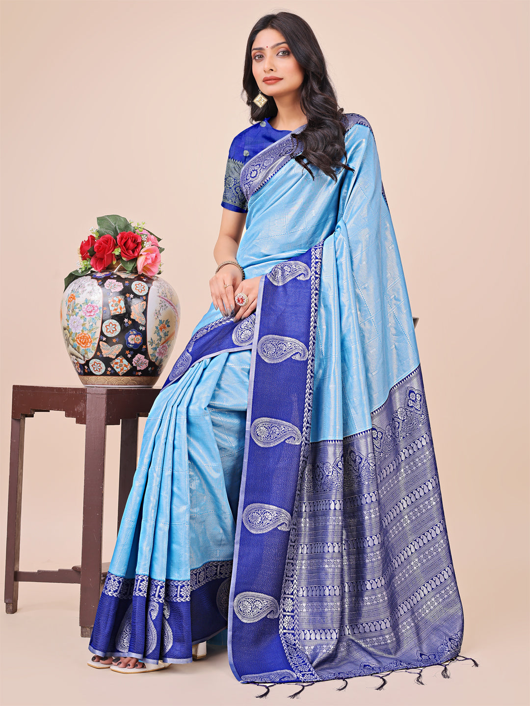 Sky Blue Lichi Silk Woven Designer Festive Graceful Saree