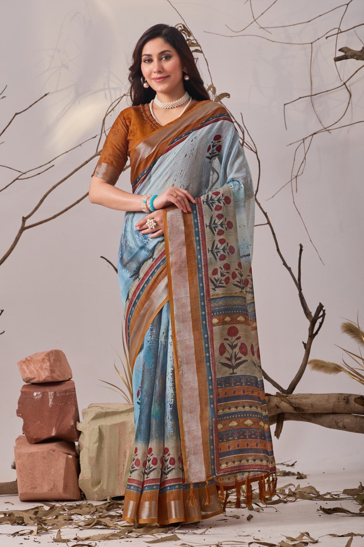 Sky Blue Linen Cotton Saree with Digital Print