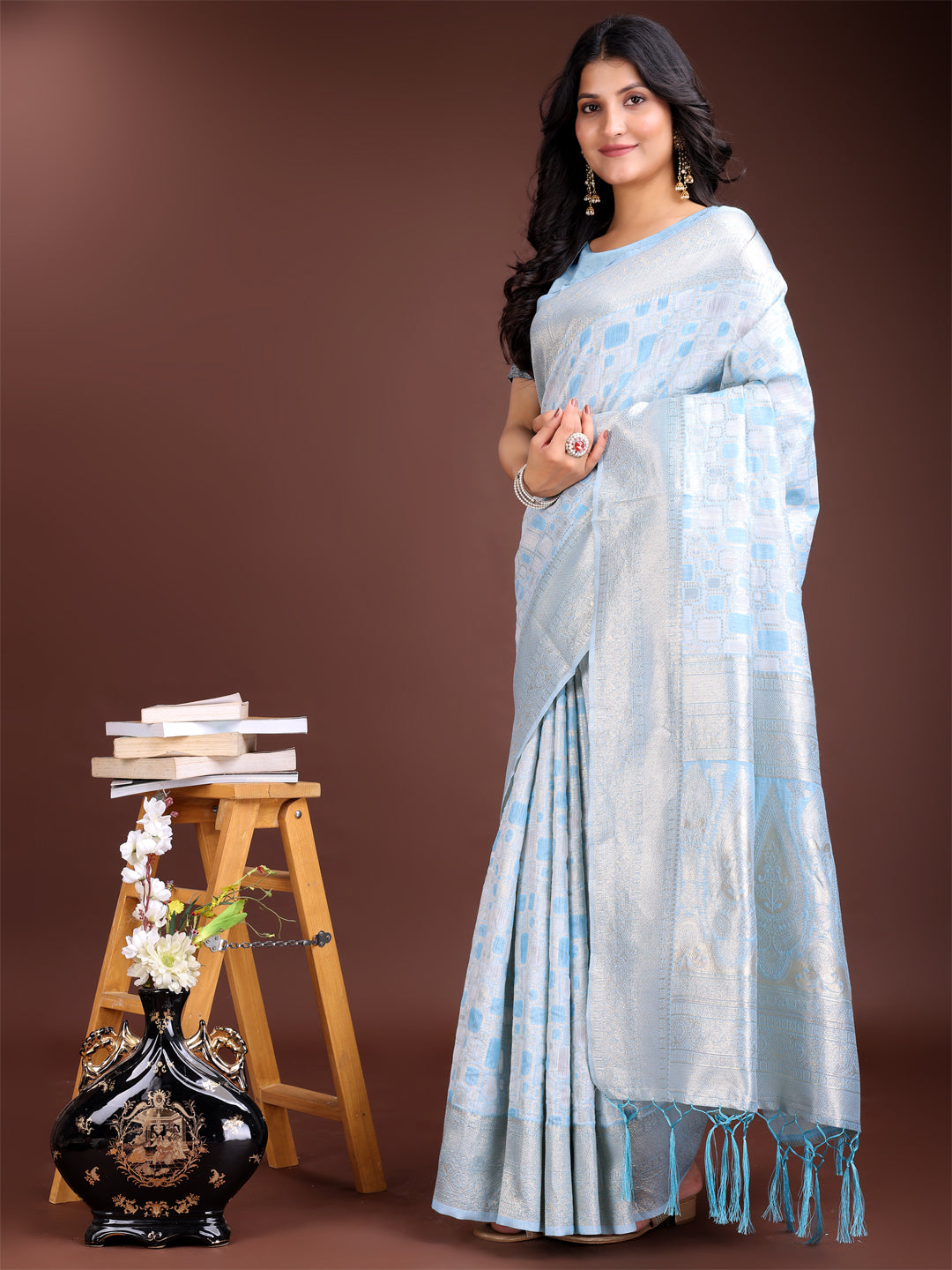 Sky Blue Linen Cotton Woven Jacquard Designer Ehtnic Partywear Girlie Looks Saree
