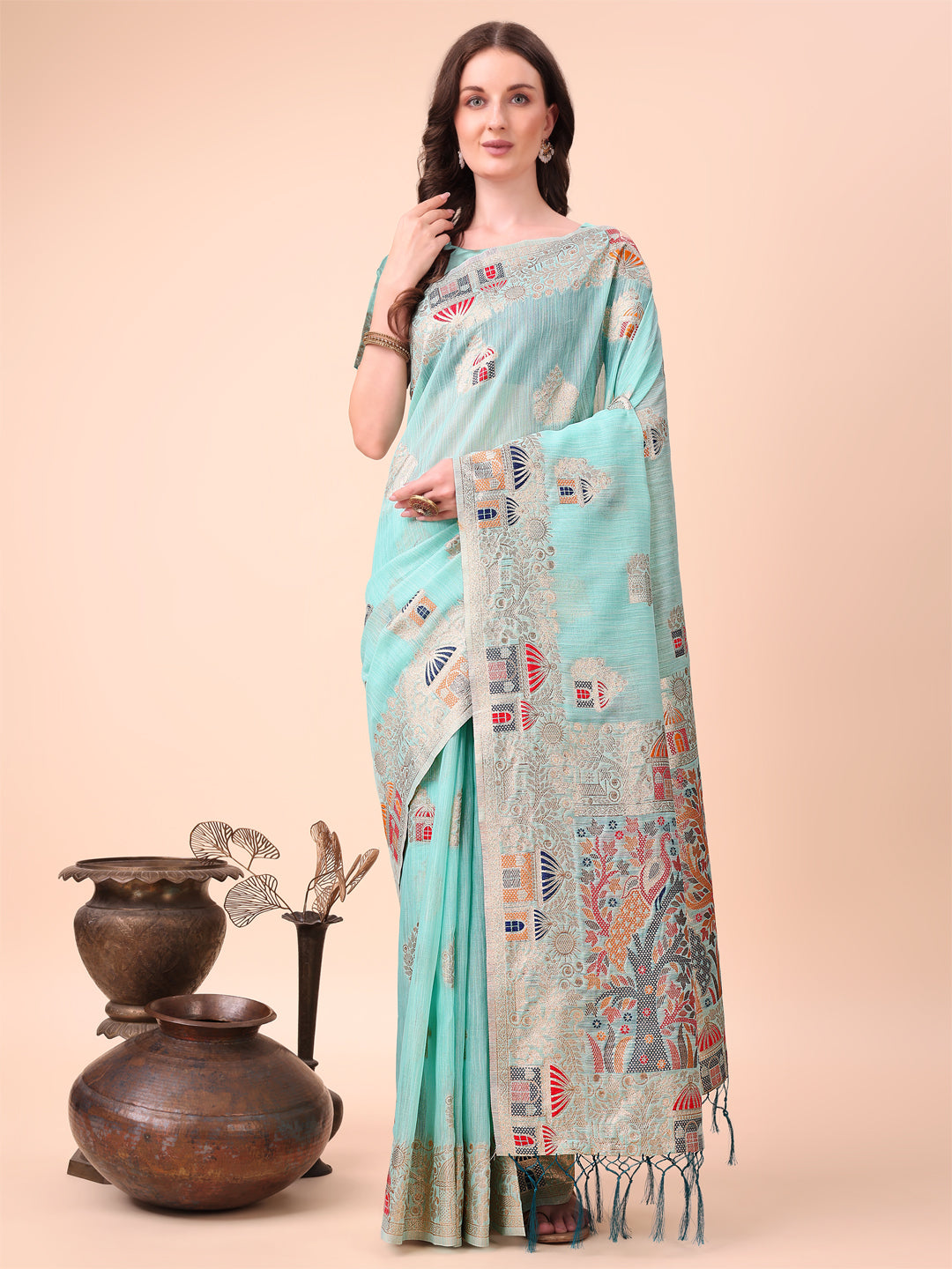 Sky Blue Linen Cotton Woven Jacquard Designer Ethnic Festive Wear Saree