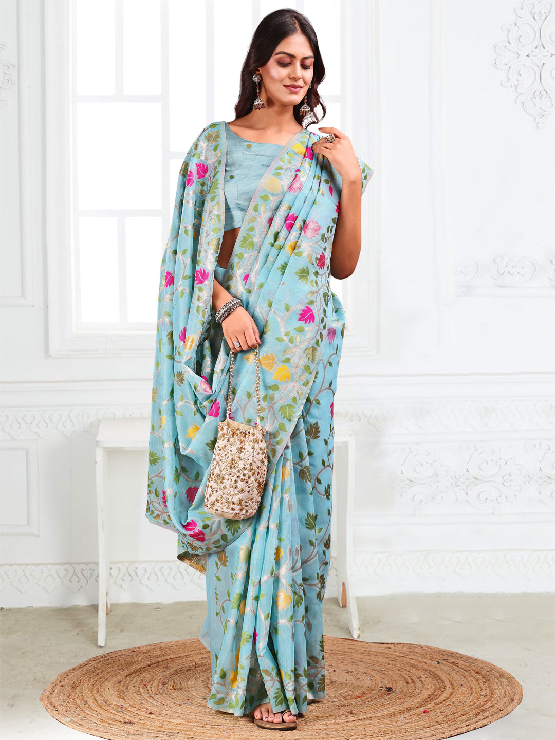 Sky Blue Linen Cotton Woven Jacquard Designer Fancy Saree