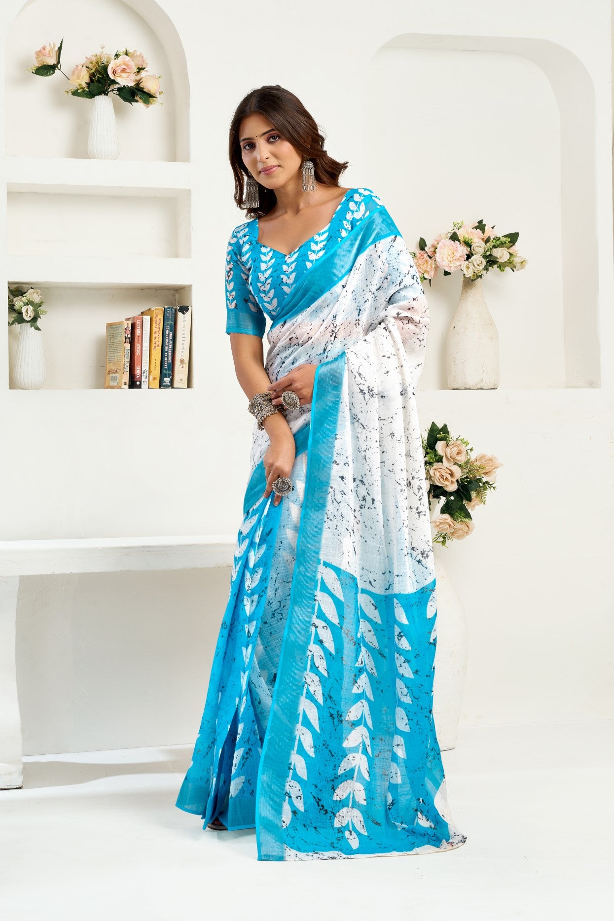 Sky Blue Linen Ready To Wear Saree With Zari Border Printed