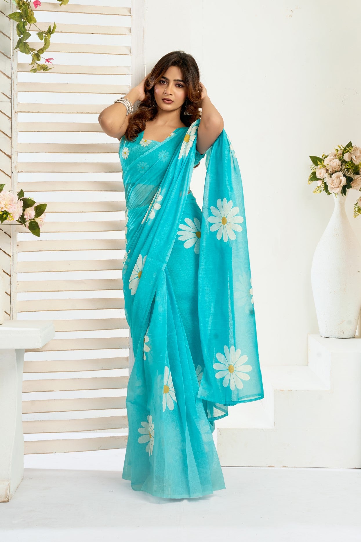 Sky Blue Linen Ready To Wear Saree With Zari Border Printed