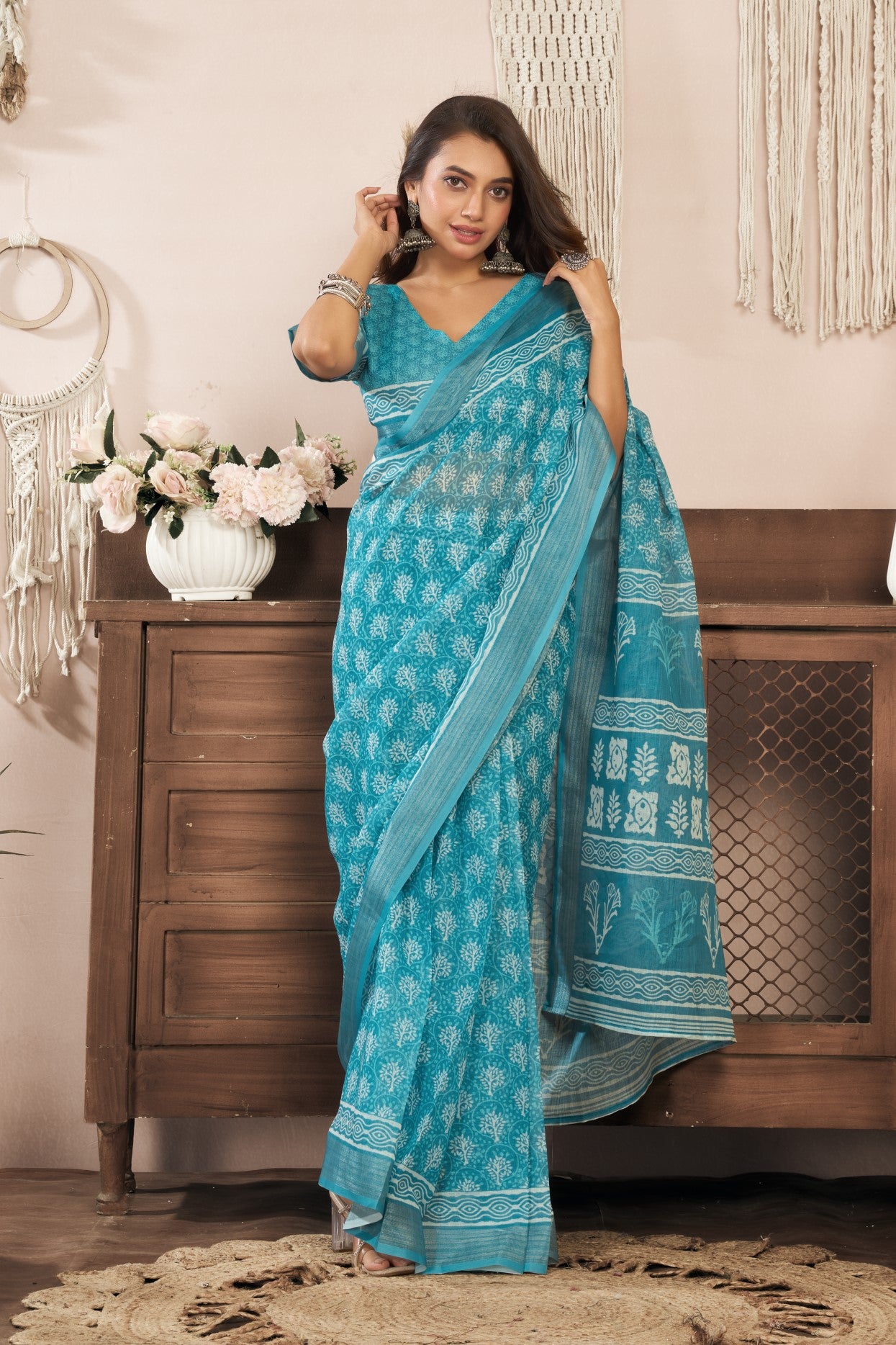 Sky Blue Linen Ready To Wear Saree With Zari Border Printed