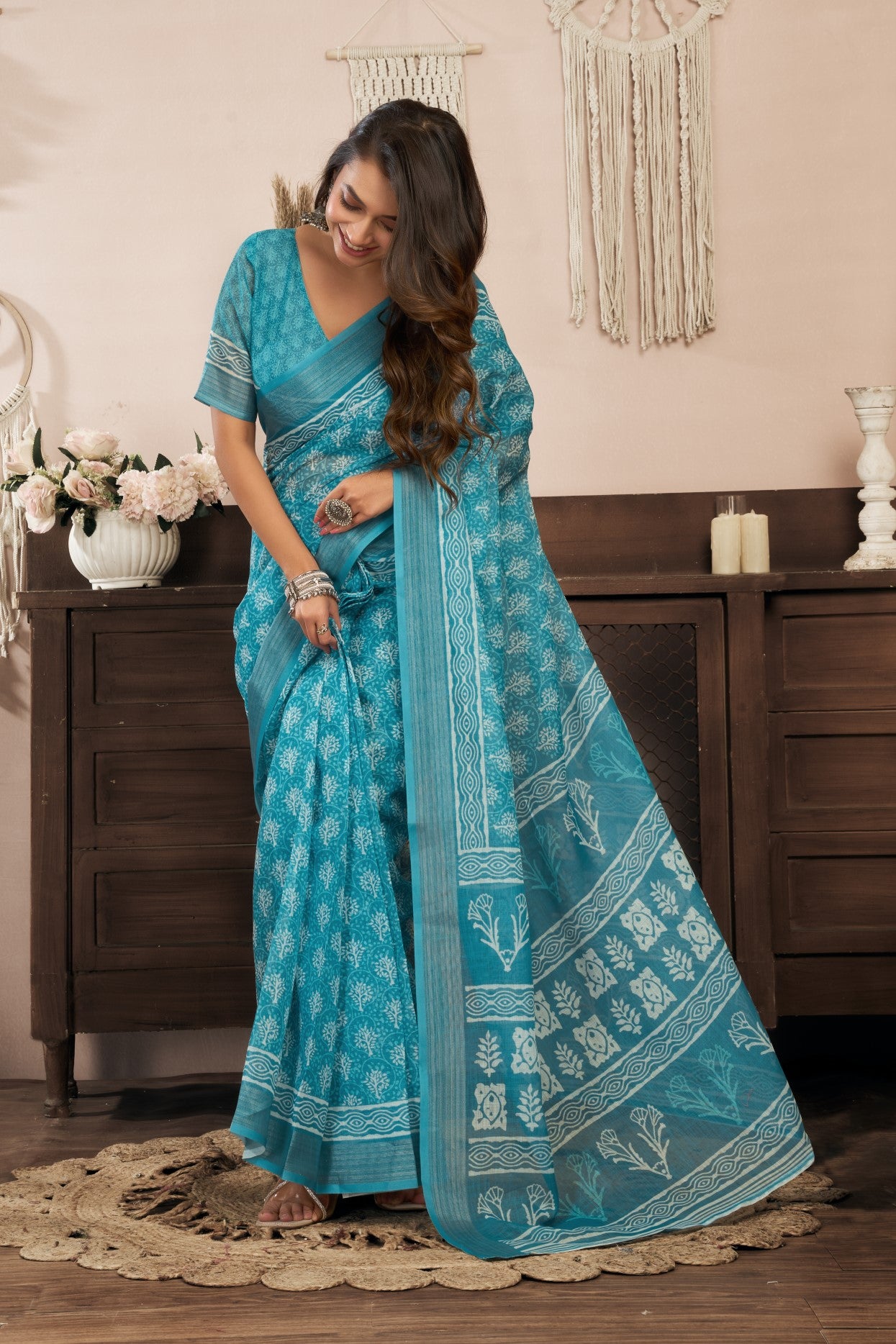 Sky Blue Linen Ready To Wear Saree With Zari Border Printed