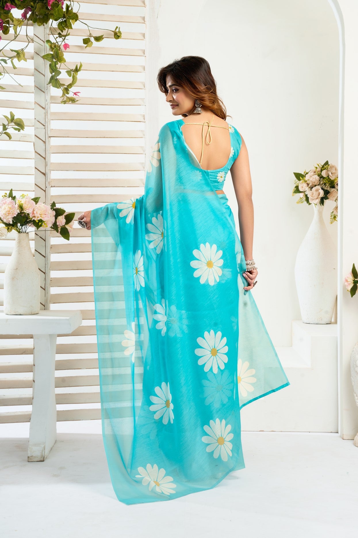 Sky Blue Linen Ready To Wear Saree With Zari Border Printed