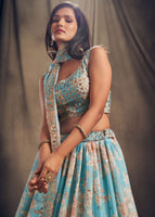 Sky Blue Organza Lehenga Choli With Sequins Zari Embroidery Work