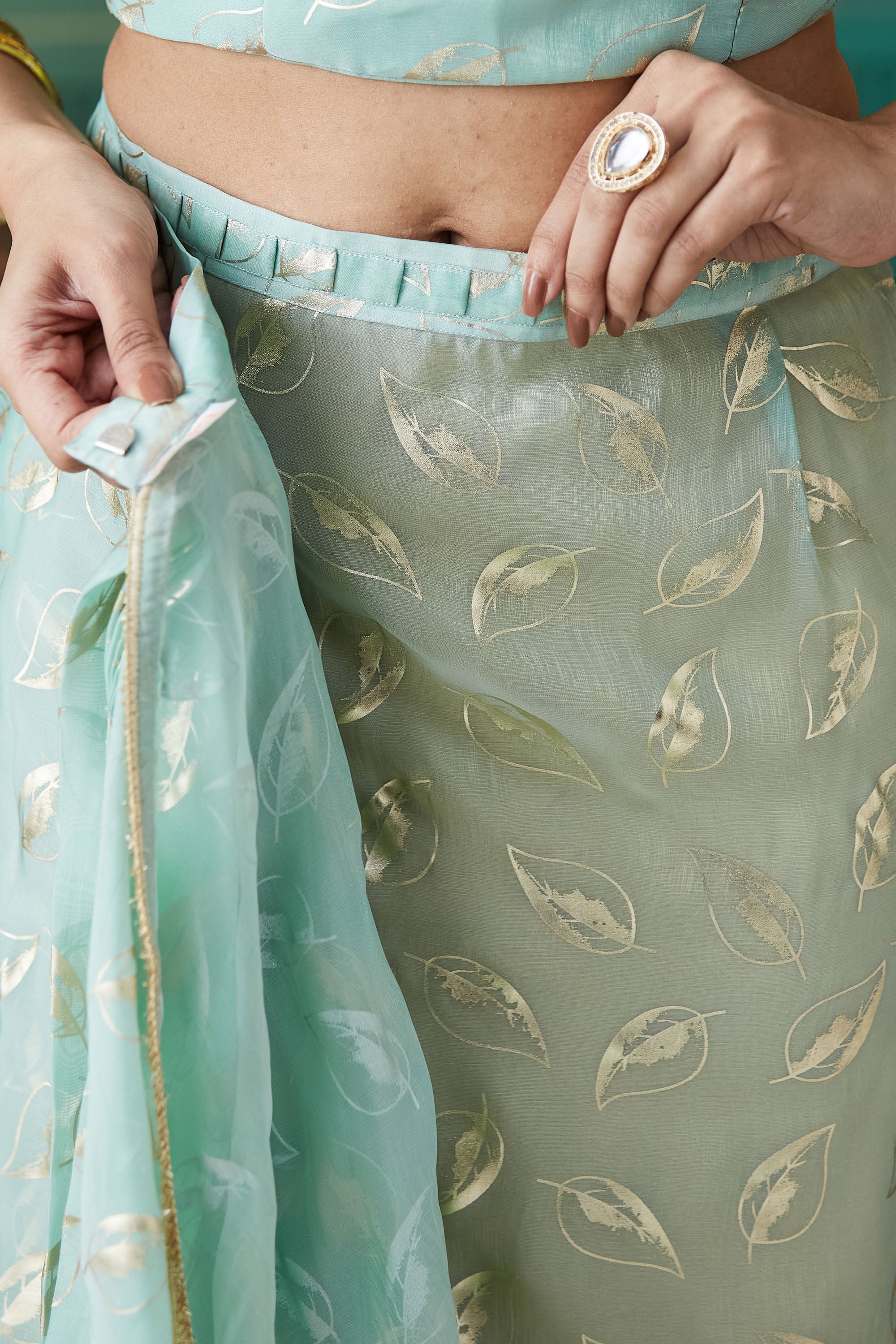 Sky Blue Organza Solid Designer Foil Printed Saree