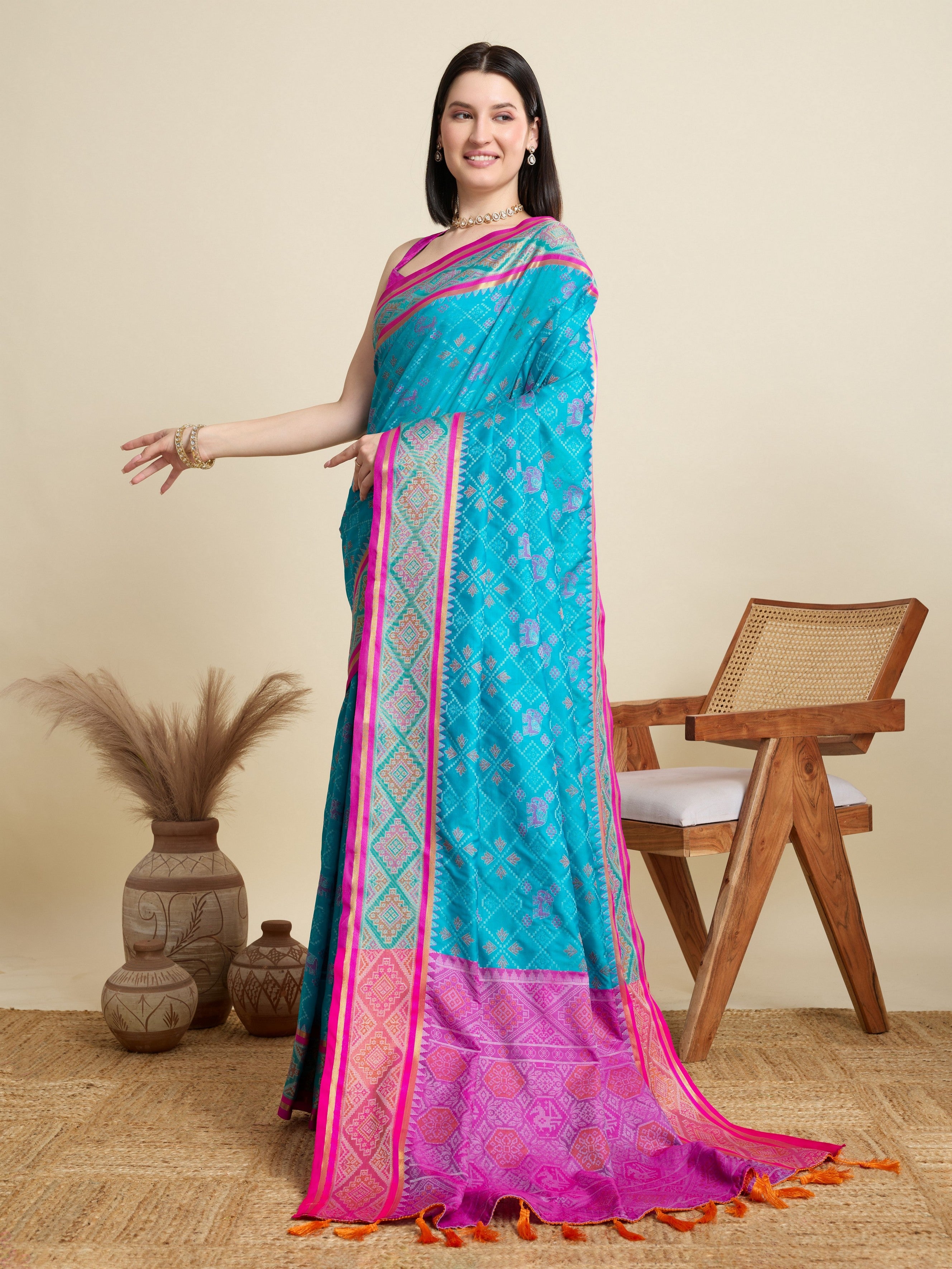Sky Blue Patola Silk Woven Meenakari Designer Partywear Saree