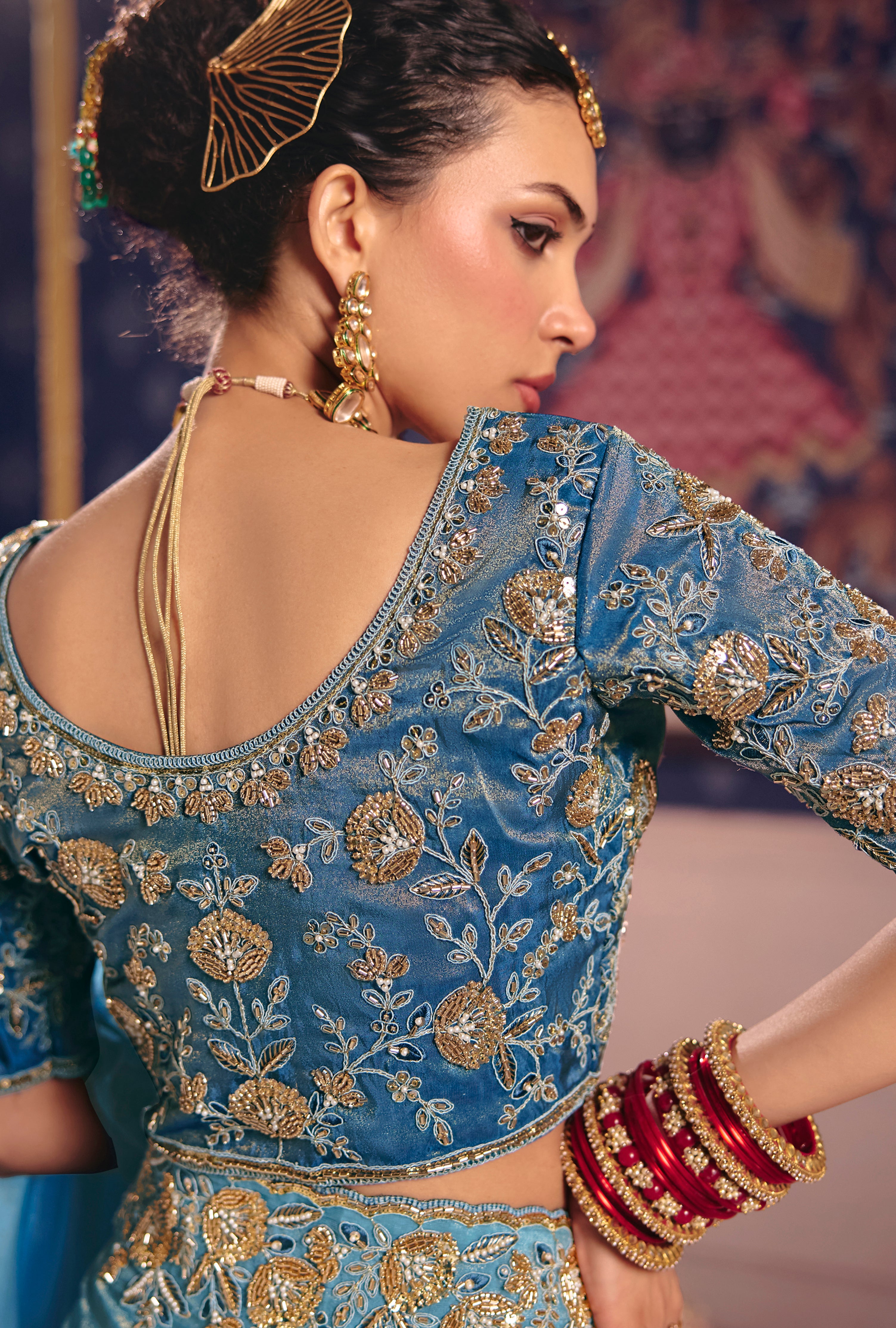 Sky Blue Saree With  Heavy Embroidery, Beads With Sequince Work