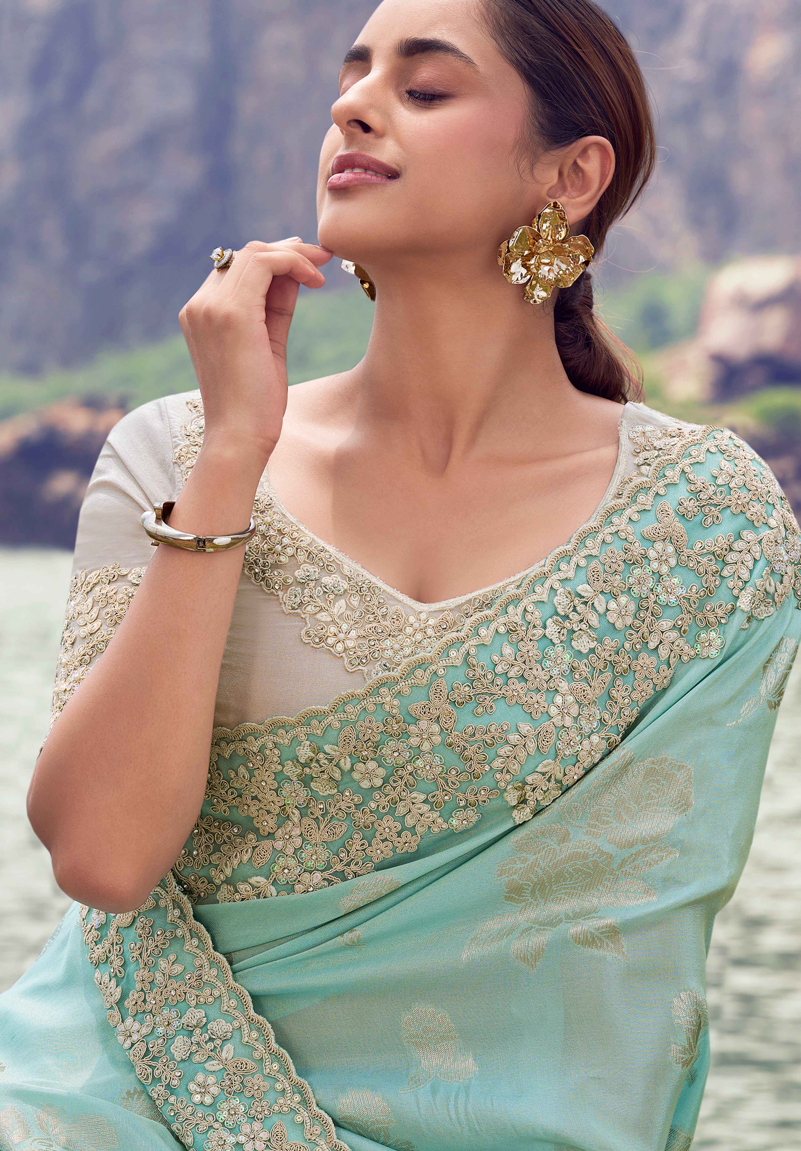 Sky Blue Saree With  Jacquard Woven With Embroidered Border & Blouse