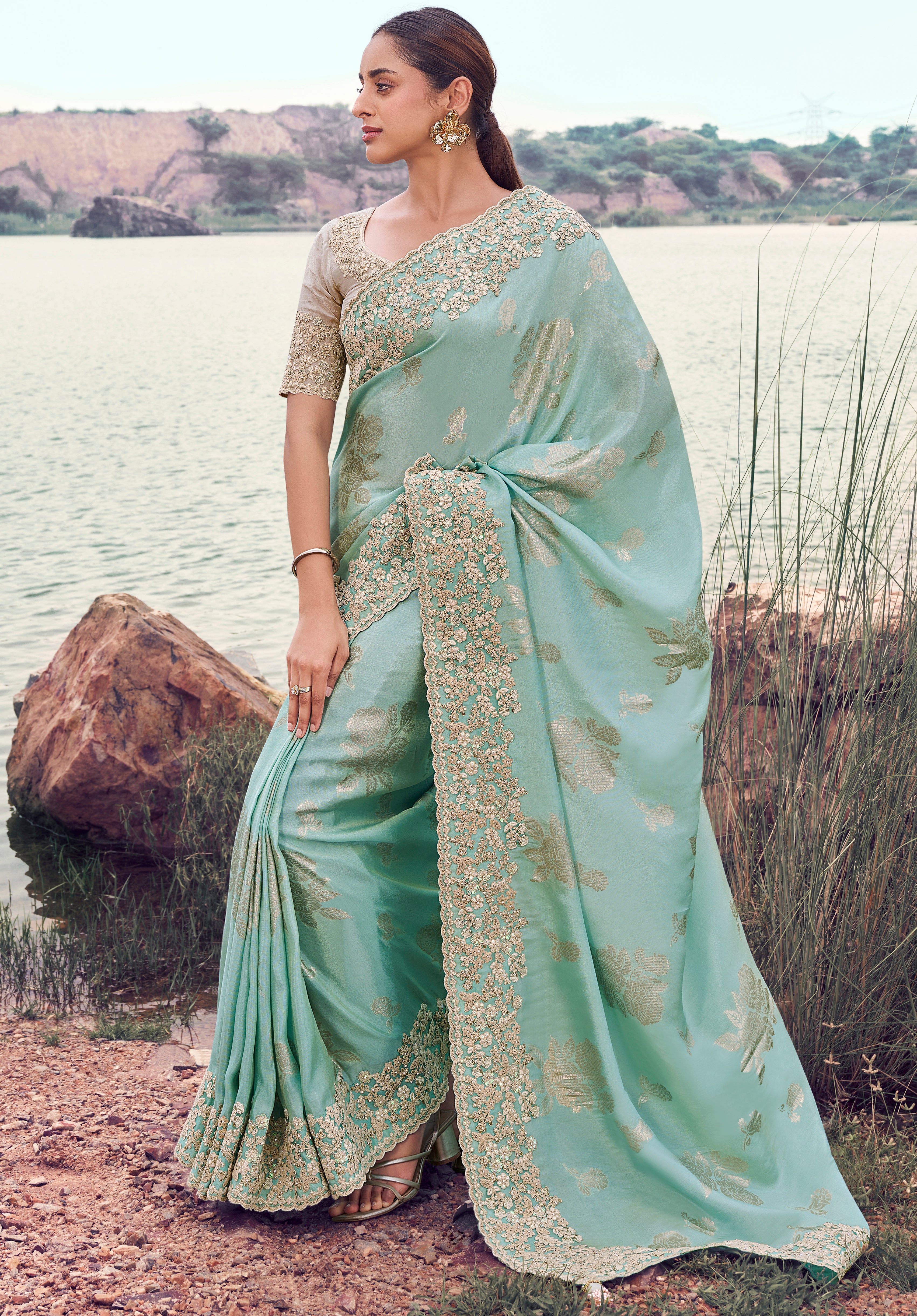 Sky Blue Saree With  Jacquard Woven With Embroidered Border & Blouse