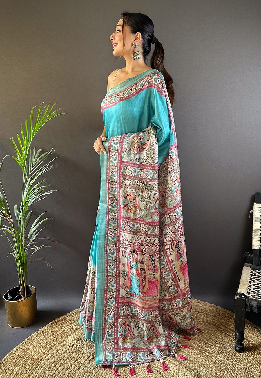 Sky Blue Silk Blend Madhubani Printed Saree