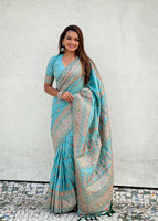 Sky Blue Silk Blend Saree With Meenakari Kashmiri woven Work