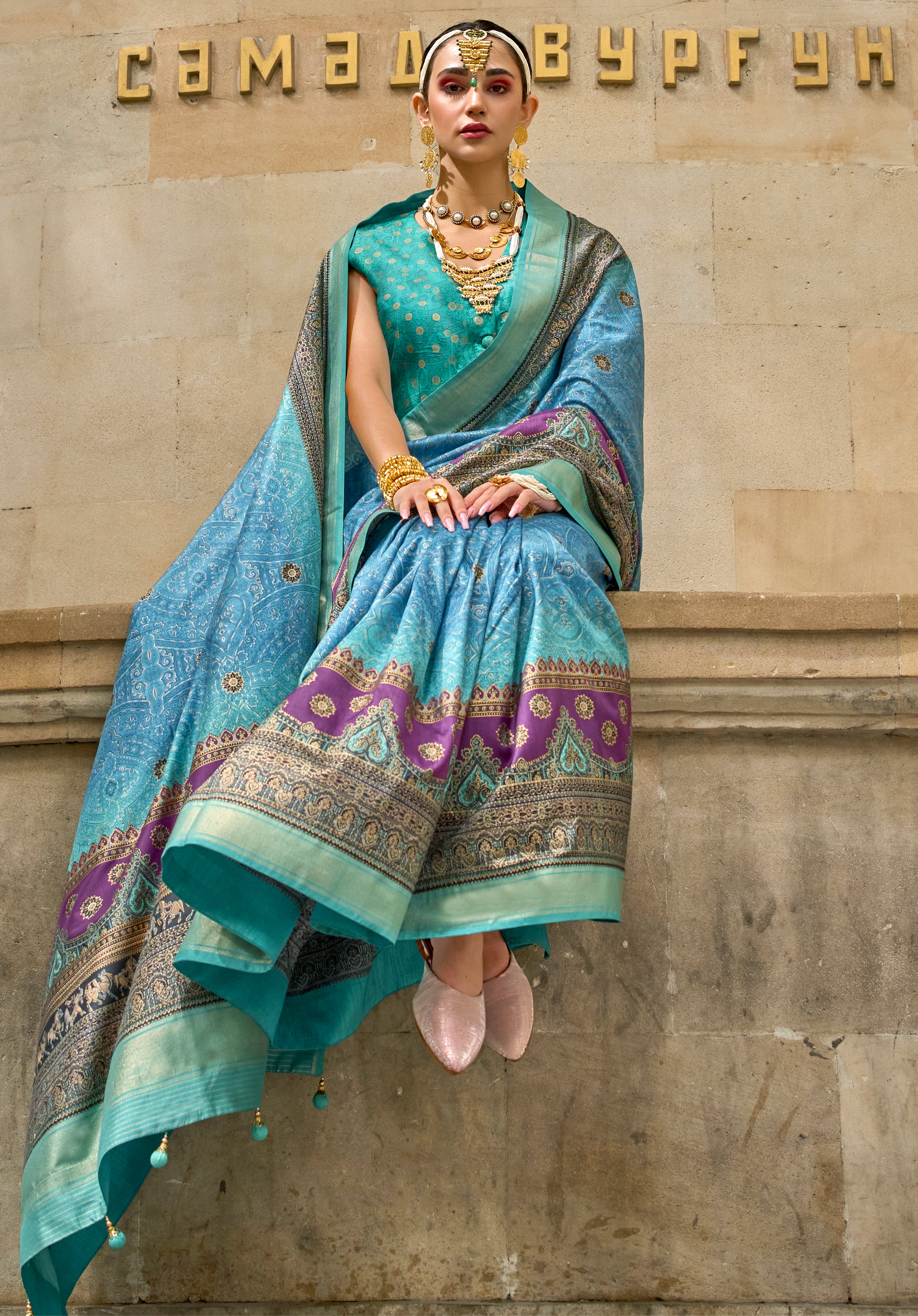 Sky Blue Silk Saree With  Foil Print