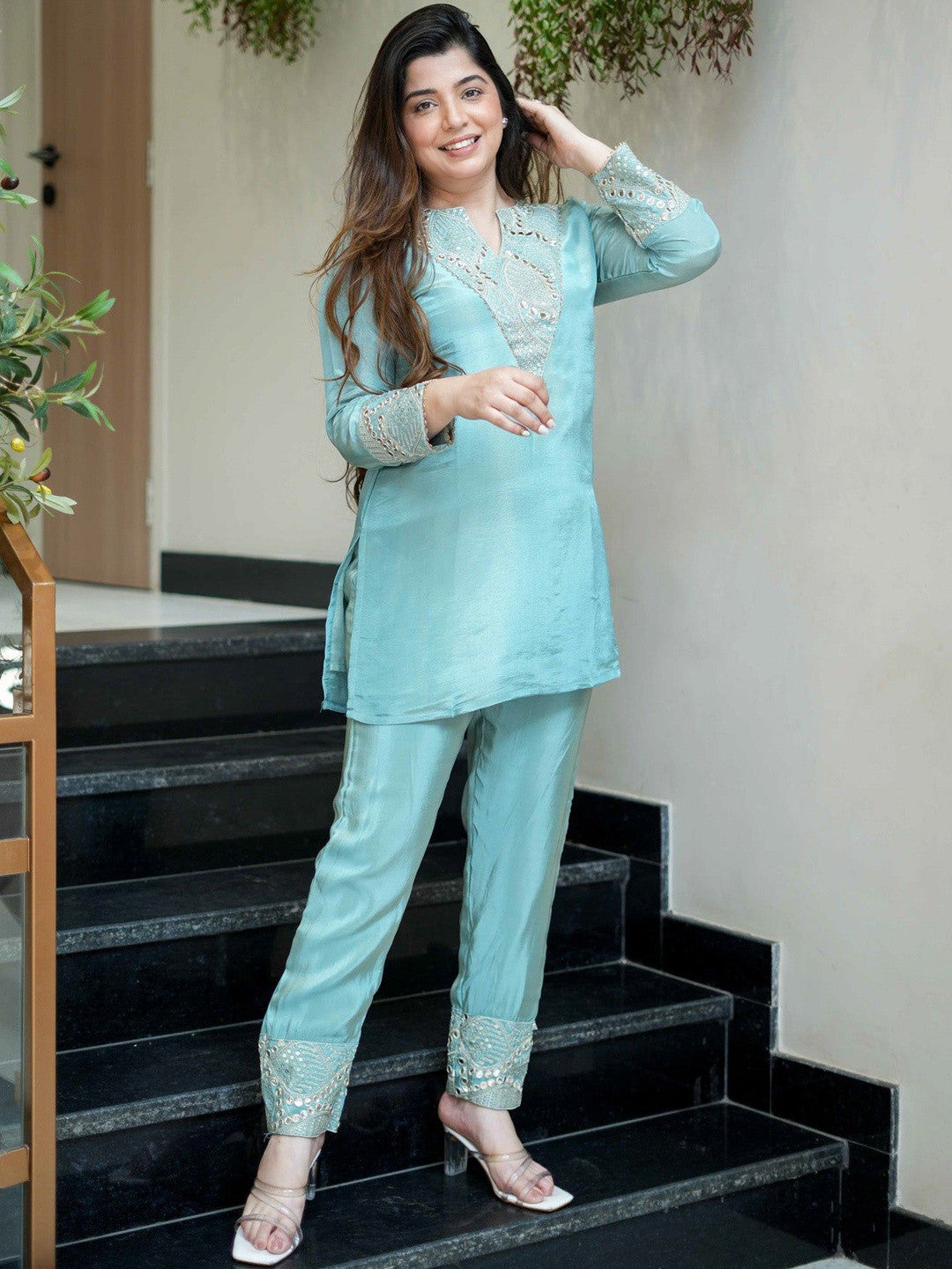 Sky Blue Simmer Silk Kurta With Palazzo Set With Heavy Thread Embroidery, Mirror With Sequins Work