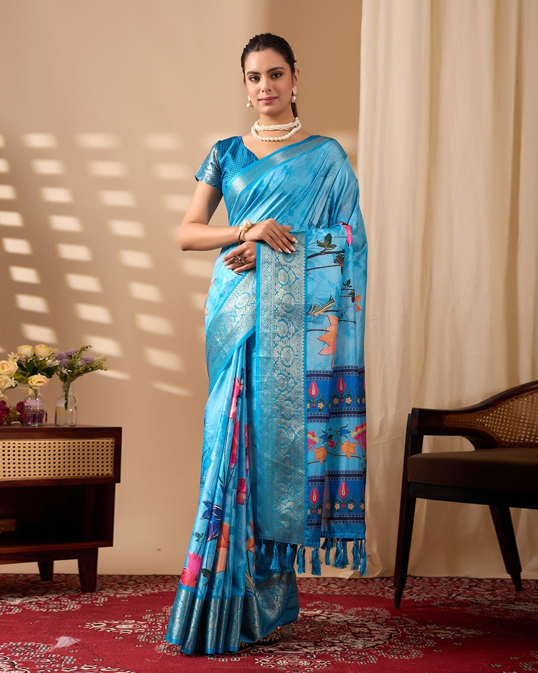 Sky Blue Soft Lichi Silk Saree With Digital Printed Elegant Designer Saree
