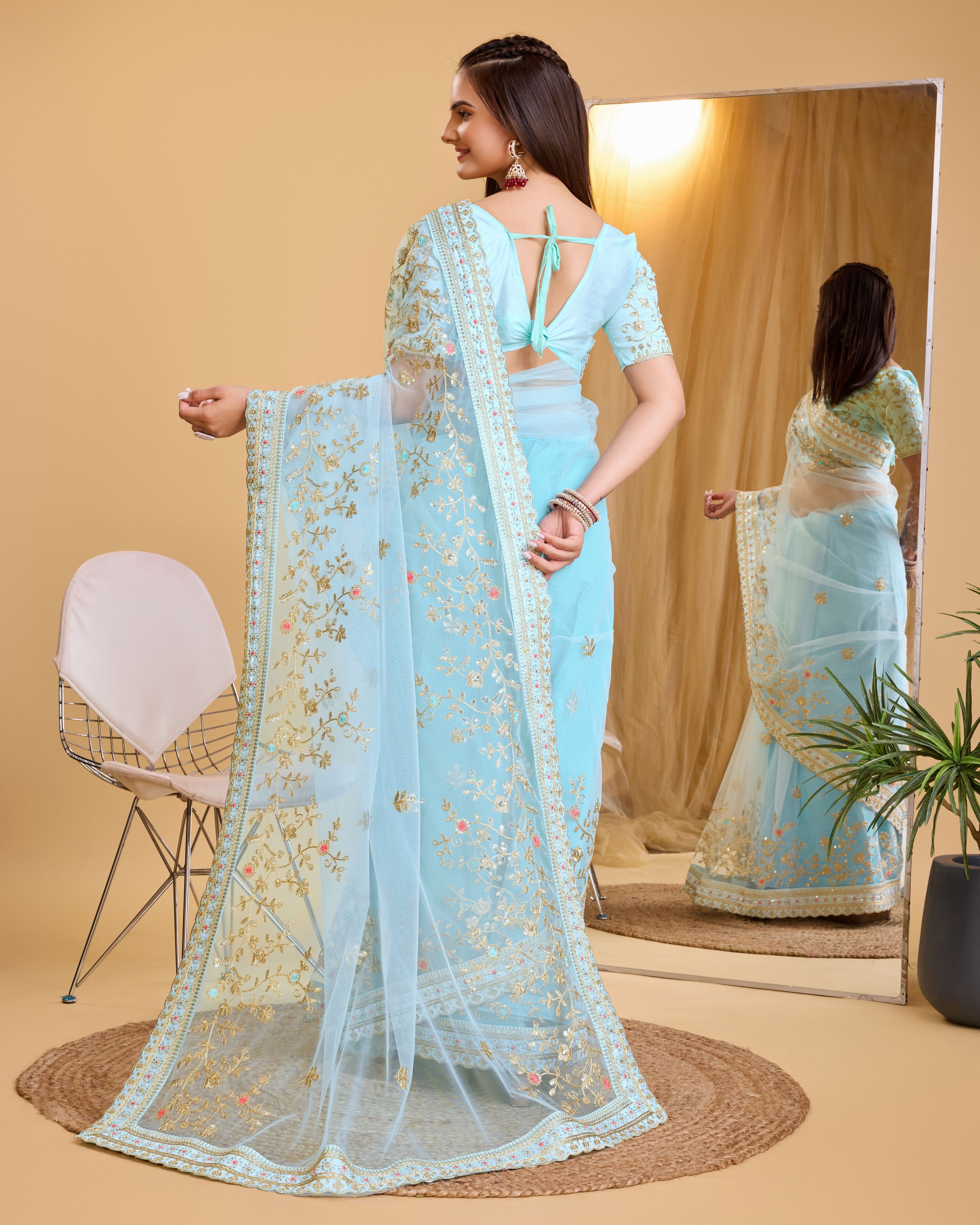 Sky Blue Soft Net Designer Embroidery Work Bollywood Style Saree