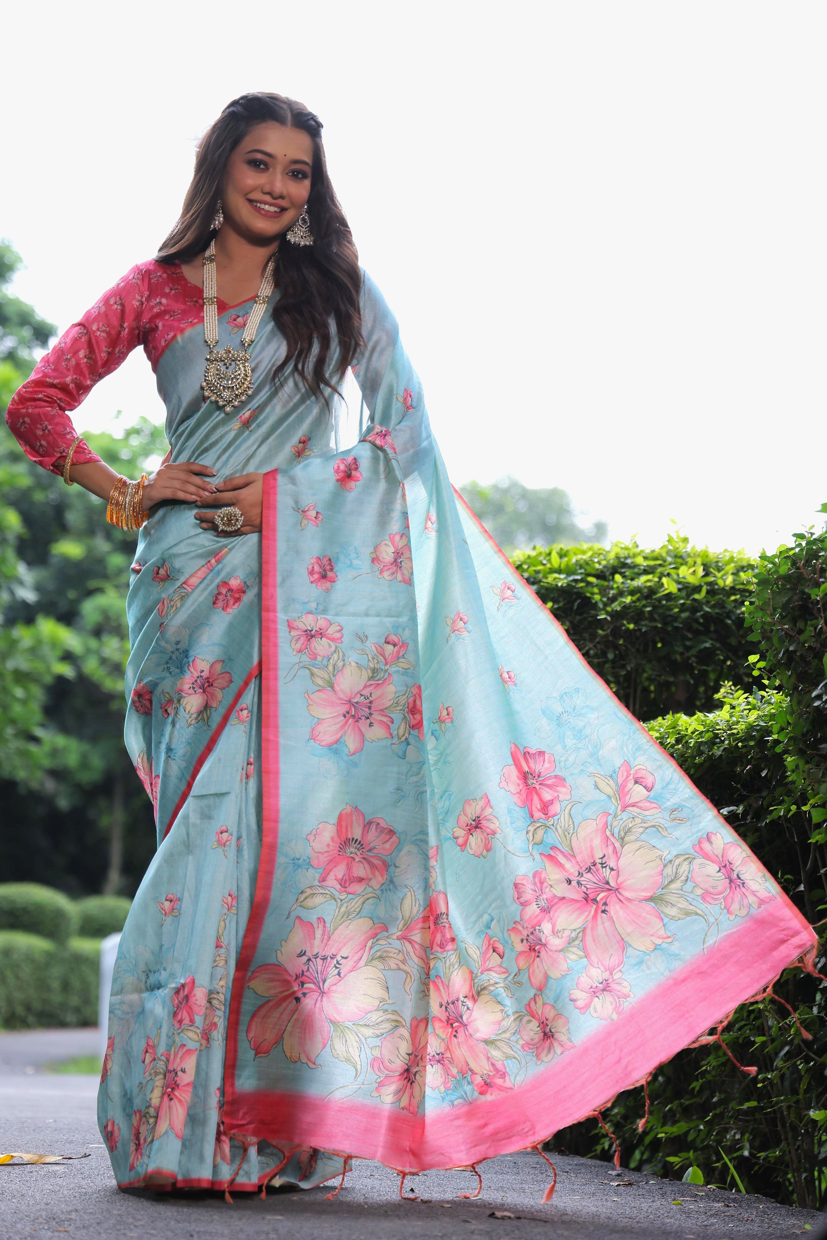 Sky Blue Tussar Silk Saree with Premium Floral Print Work