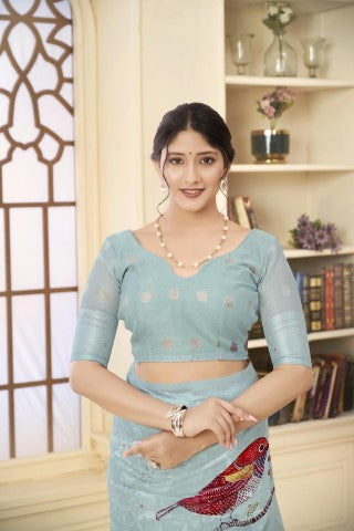 Sky Blue Woven Jacquard Designer With Printed Rich Silk Stylish Ceremonial Saree