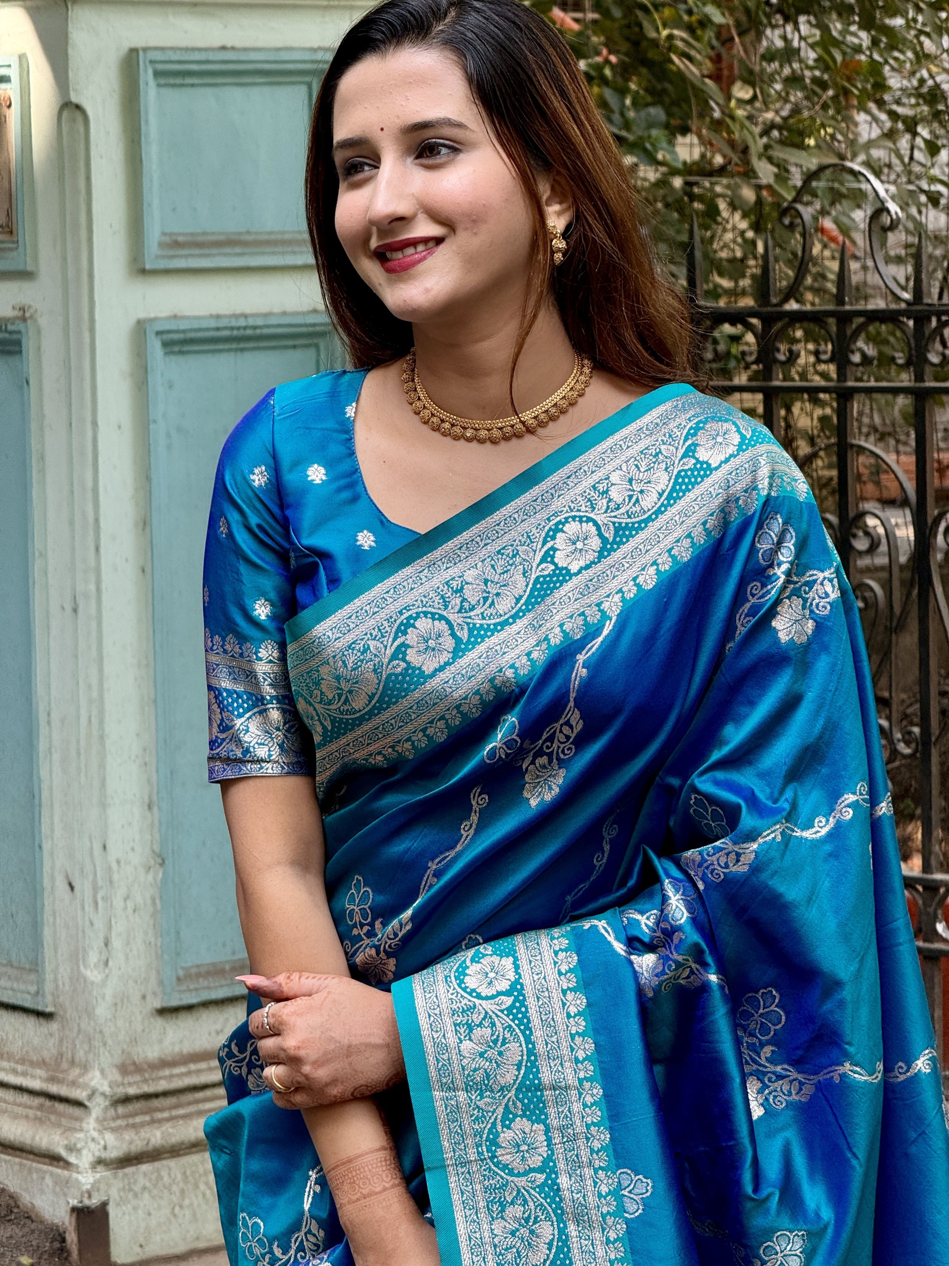 Sky Blue Woven Jacquard Jari Designer Banarasi Silk Festive Ceremonial Saree