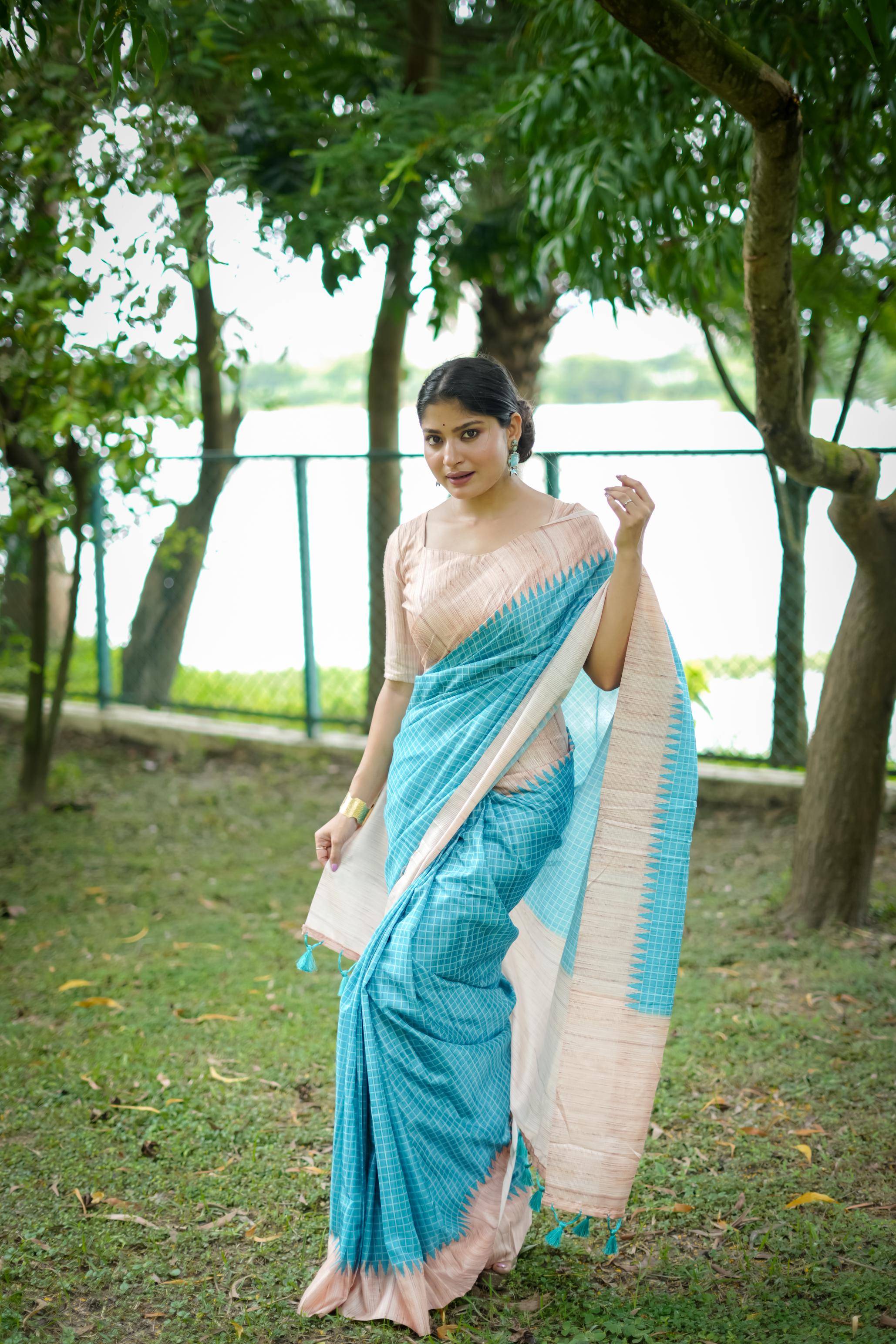 Sky Blue Woven Kantha Designer Tussar Silk Saree With Printed Design