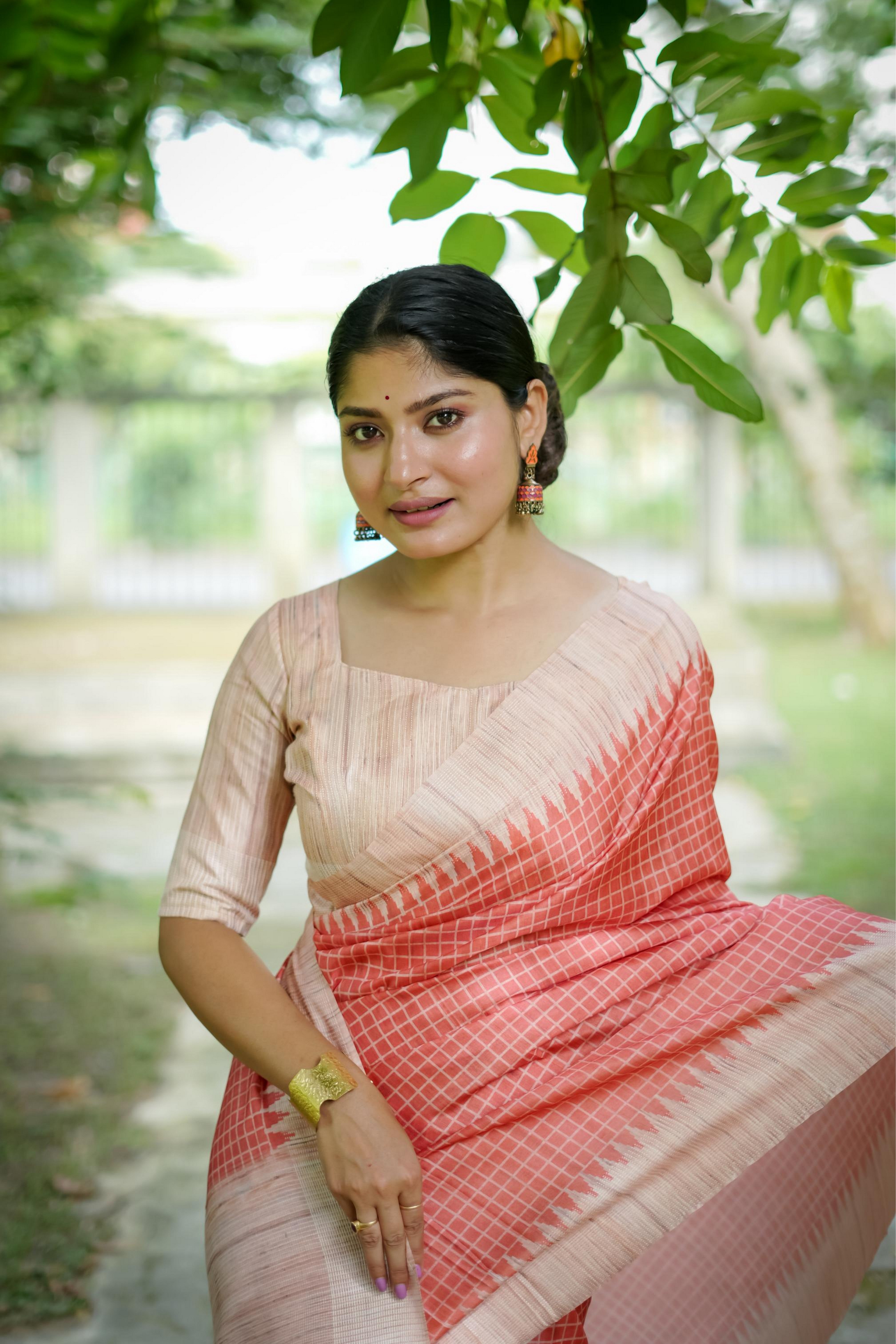 Orange Woven Kantha Designer Tussar Silk Saree With Printed Design